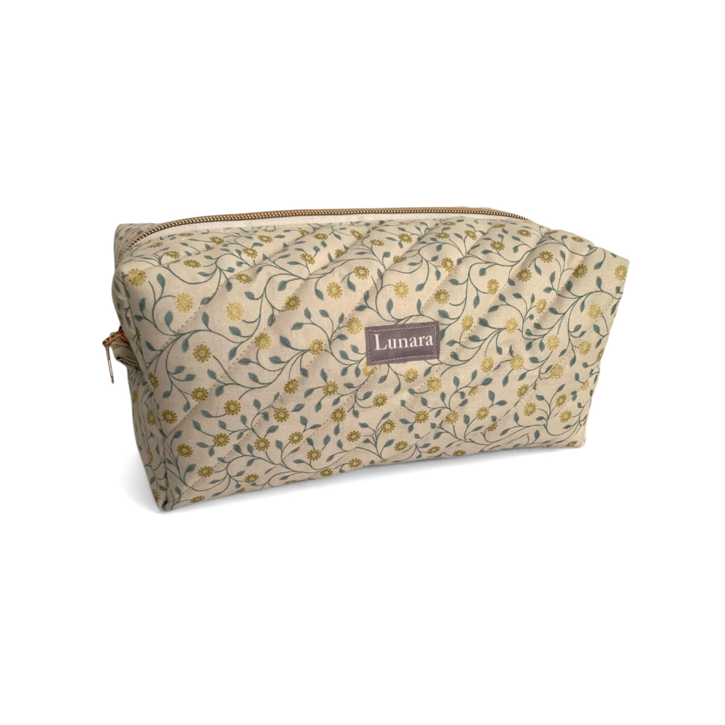 The Everyday Case - Cream & Gold Floral Print Quilted Makeup Bag / Boxy Zip Pouch