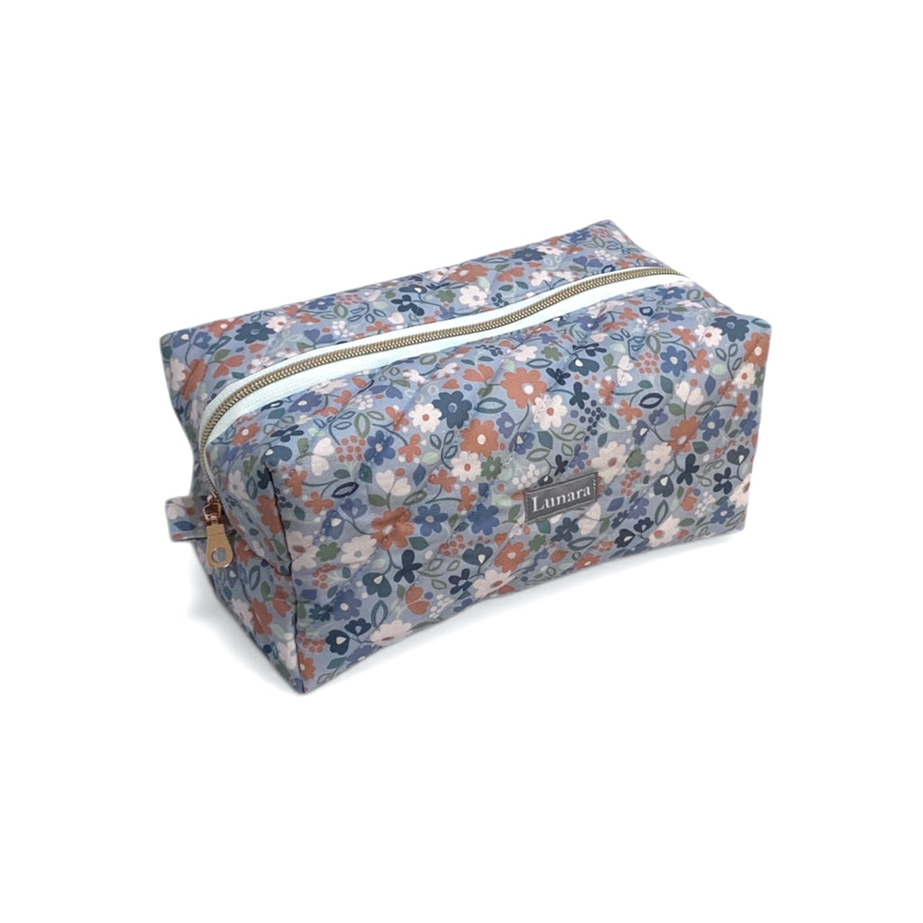 The Everyday Case - Blue Flower Print Quilted Makeup Bag / Boxy Zip Pouch