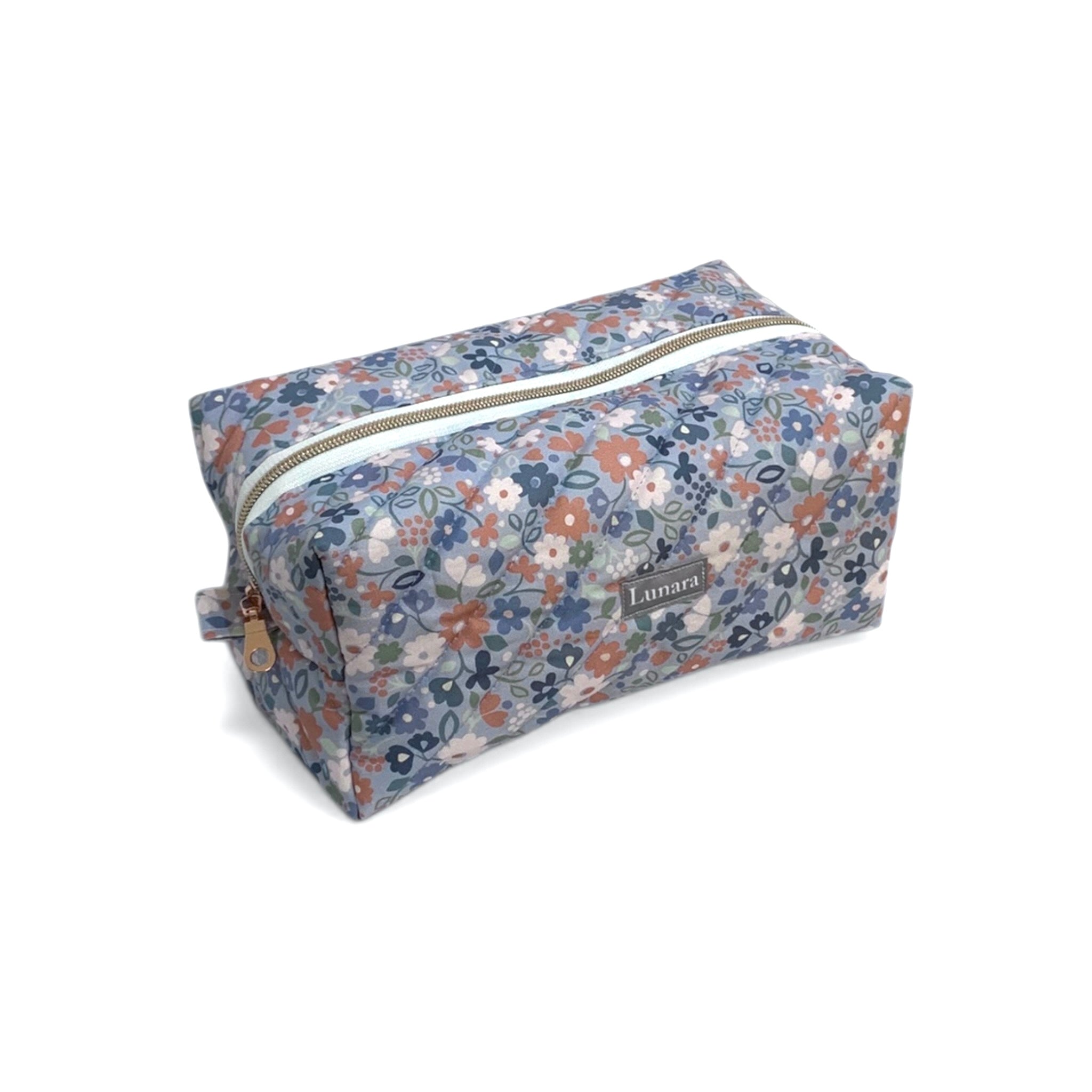 The Everyday Case - Blue Flower Print Quilted Makeup Bag / Boxy Zip Pouch