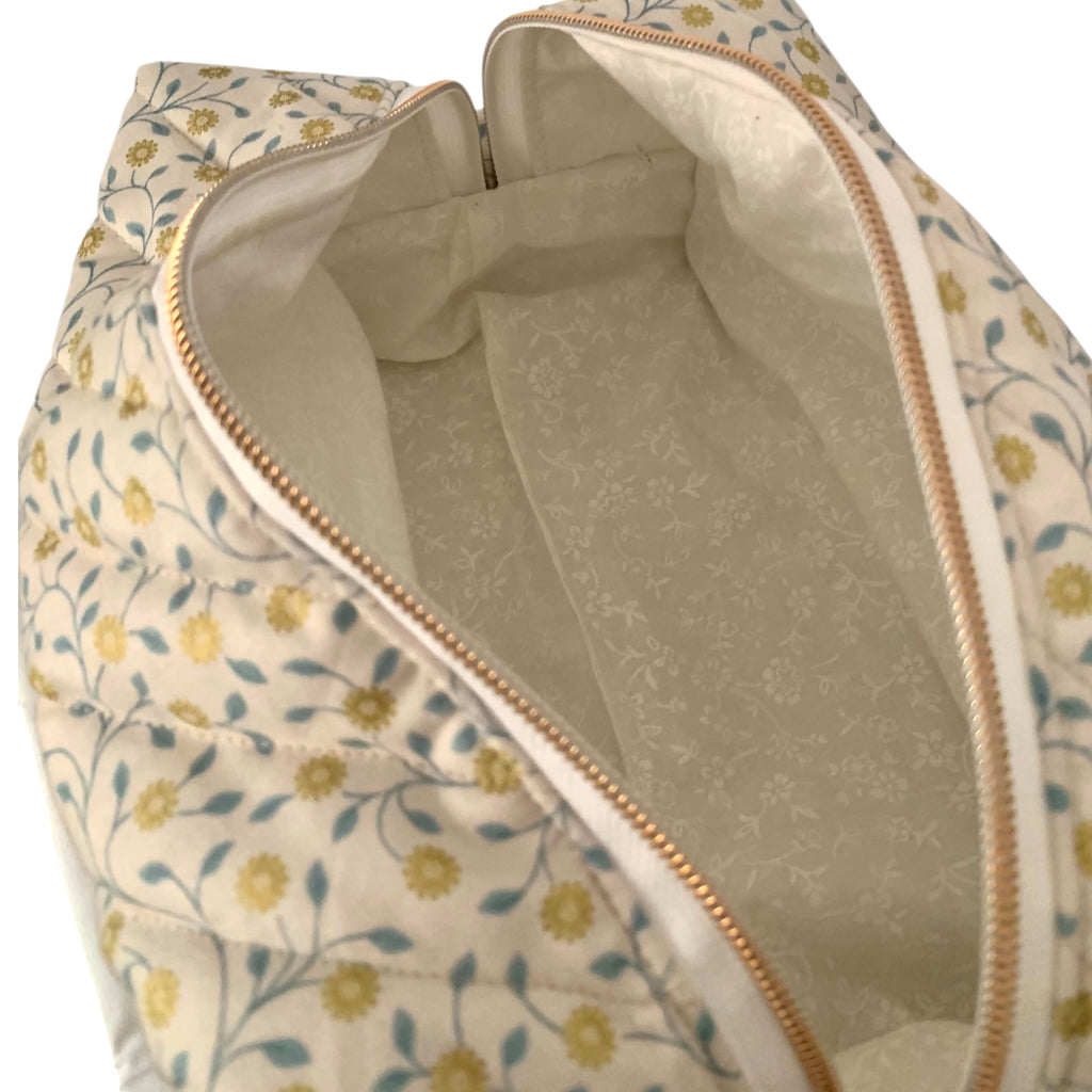 The Everyday Case - Cream & Gold Floral Print Quilted Makeup Bag / Boxy Zip Pouch