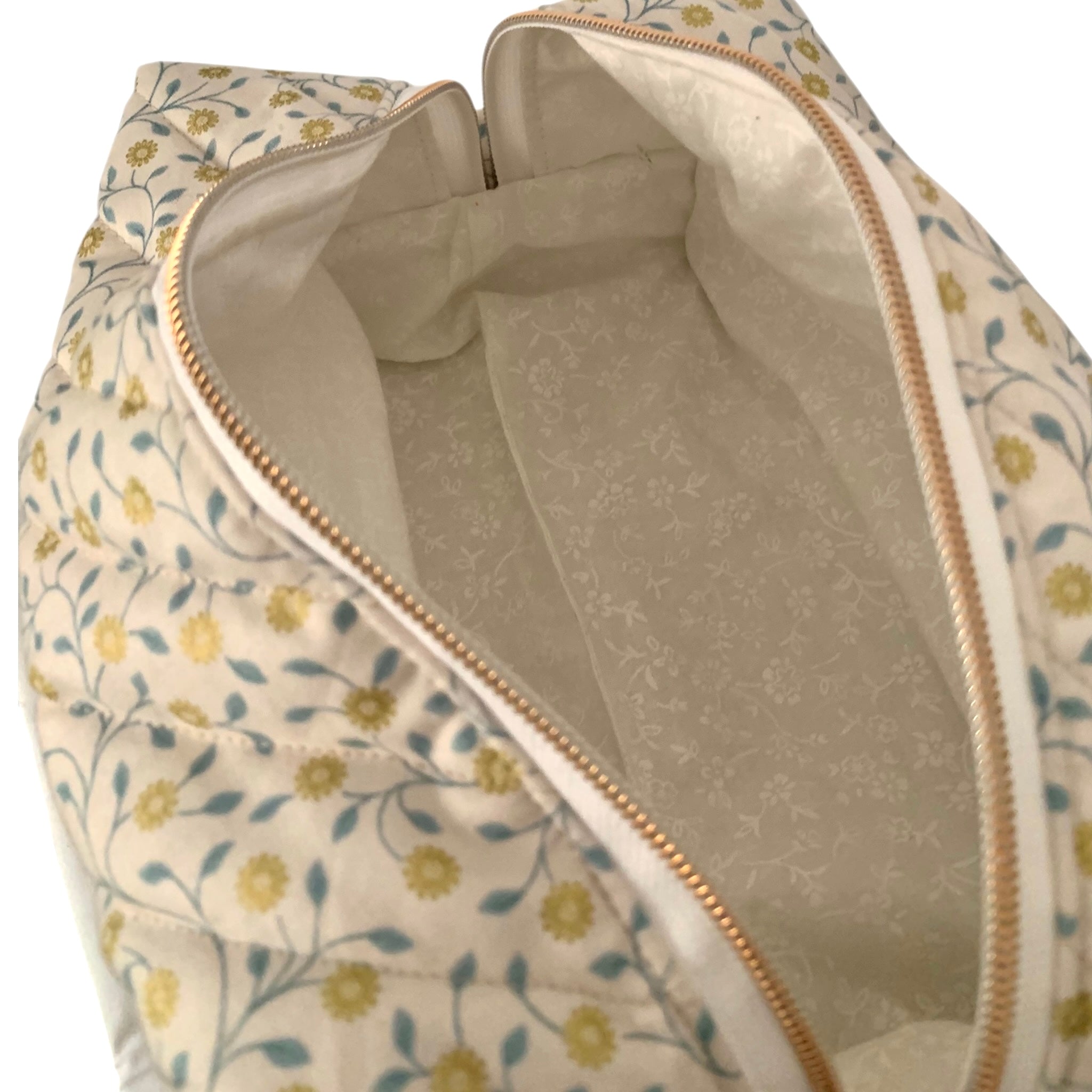 The Everyday Case - Cream & Gold Floral Print Quilted Makeup Bag / Boxy Zip Pouch