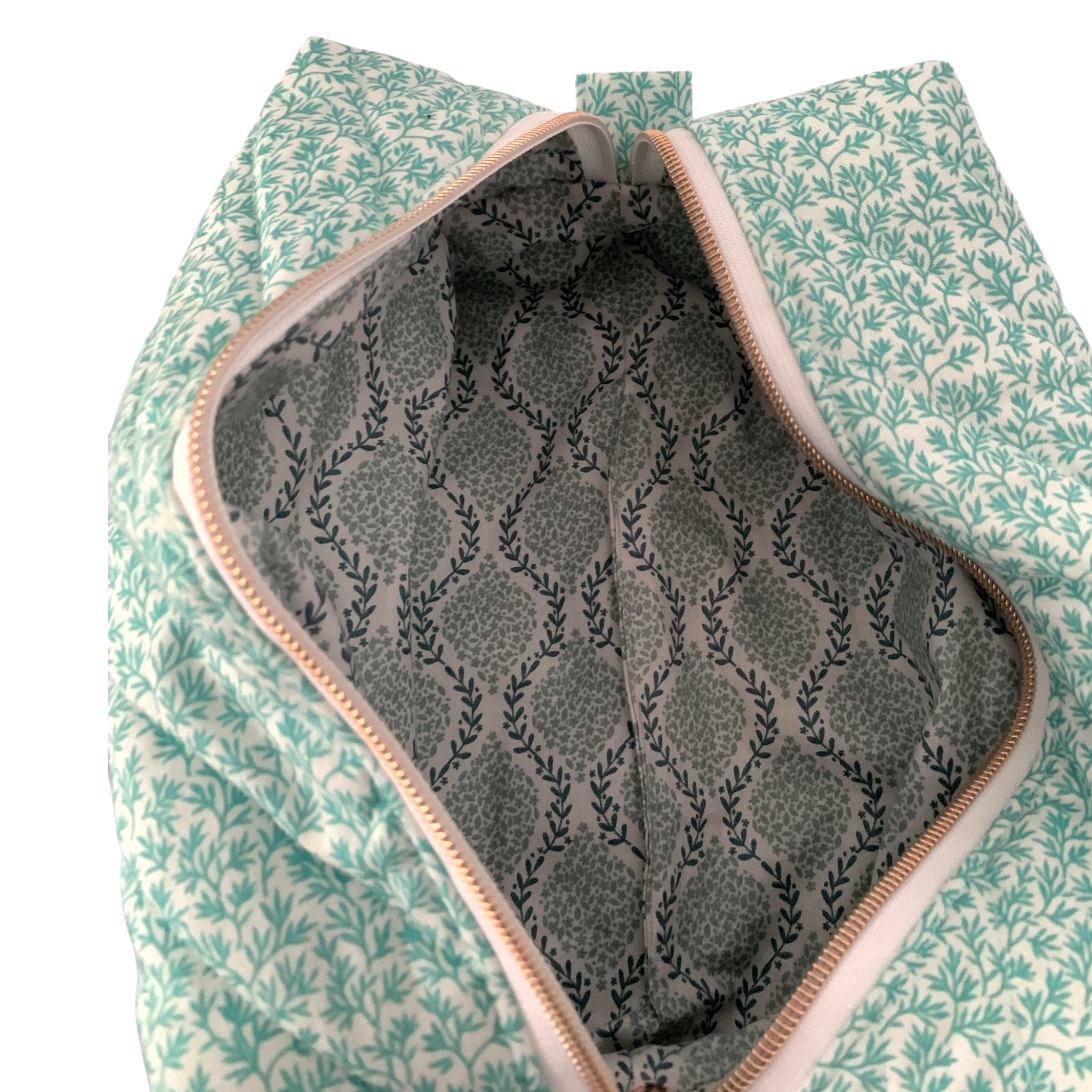 The Everyday Case - Seafoam Green Leaf Print Quilted Makeup Bag / Boxy Zip Pouch