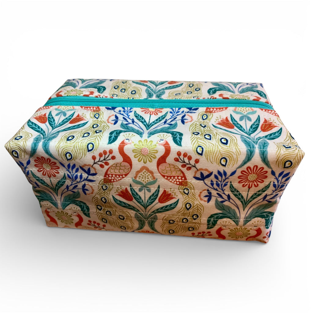Jade Gold Peacocks Boxy Quilted Makeup Case