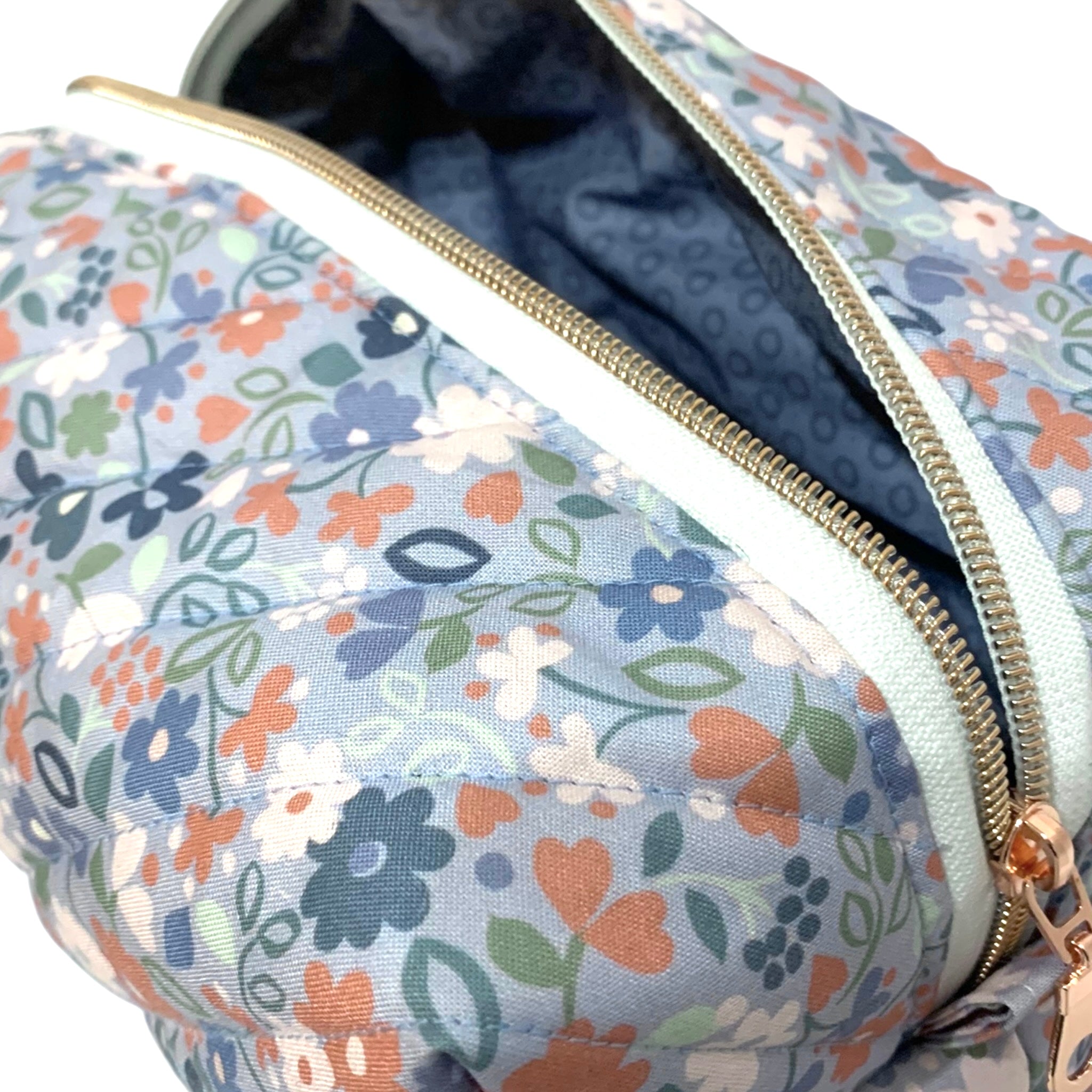 The Everyday Case - Blue Flower Print Quilted Makeup Bag / Boxy Zip Pouch