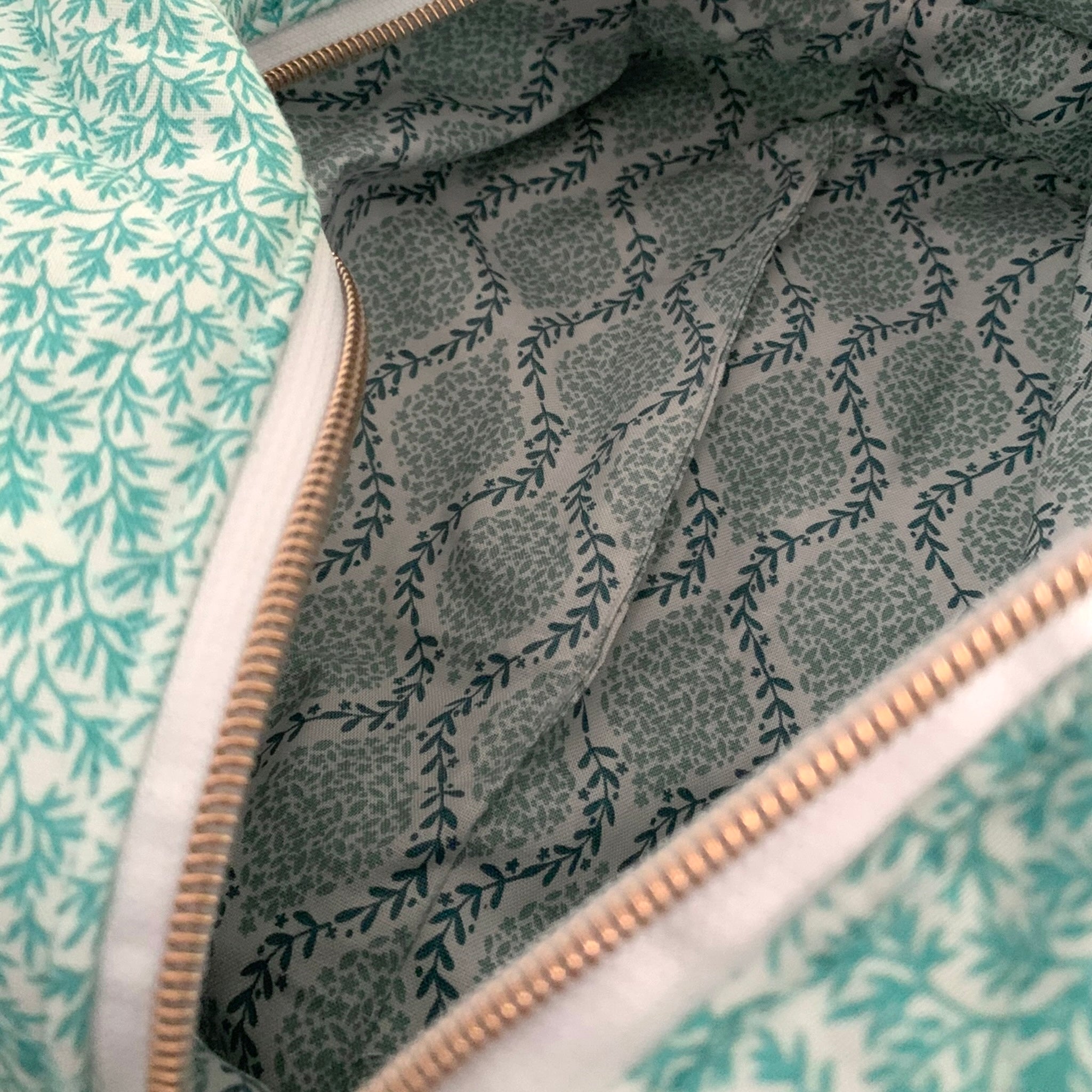 The Everyday Case - Seafoam Green Leaf Print Quilted Makeup Bag / Boxy Zip Pouch