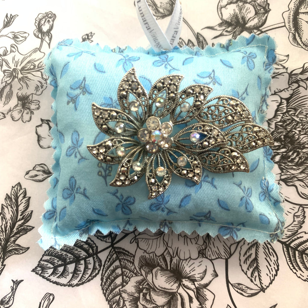 Vintage Signed Liz Claiborne Flower Brooch with Fabric Gift Cushion