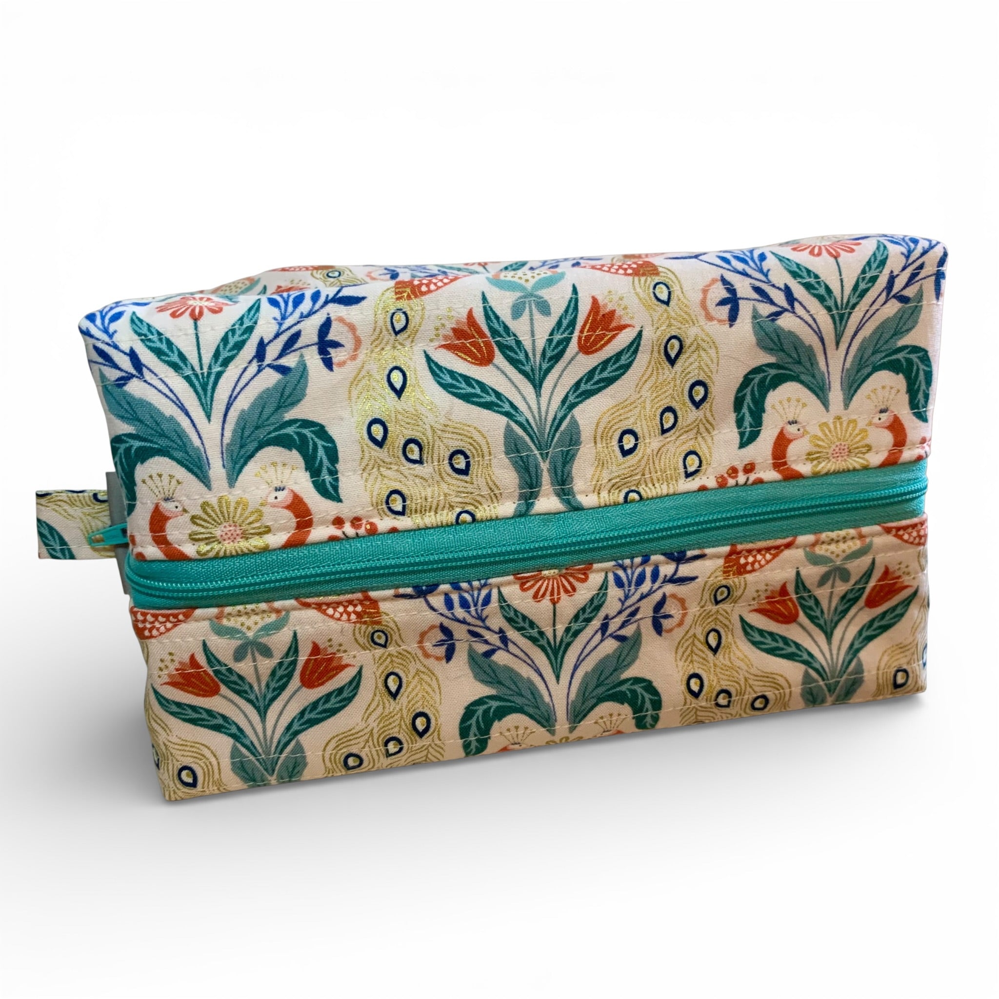 Jade Gold Peacocks Boxy Quilted Makeup Case