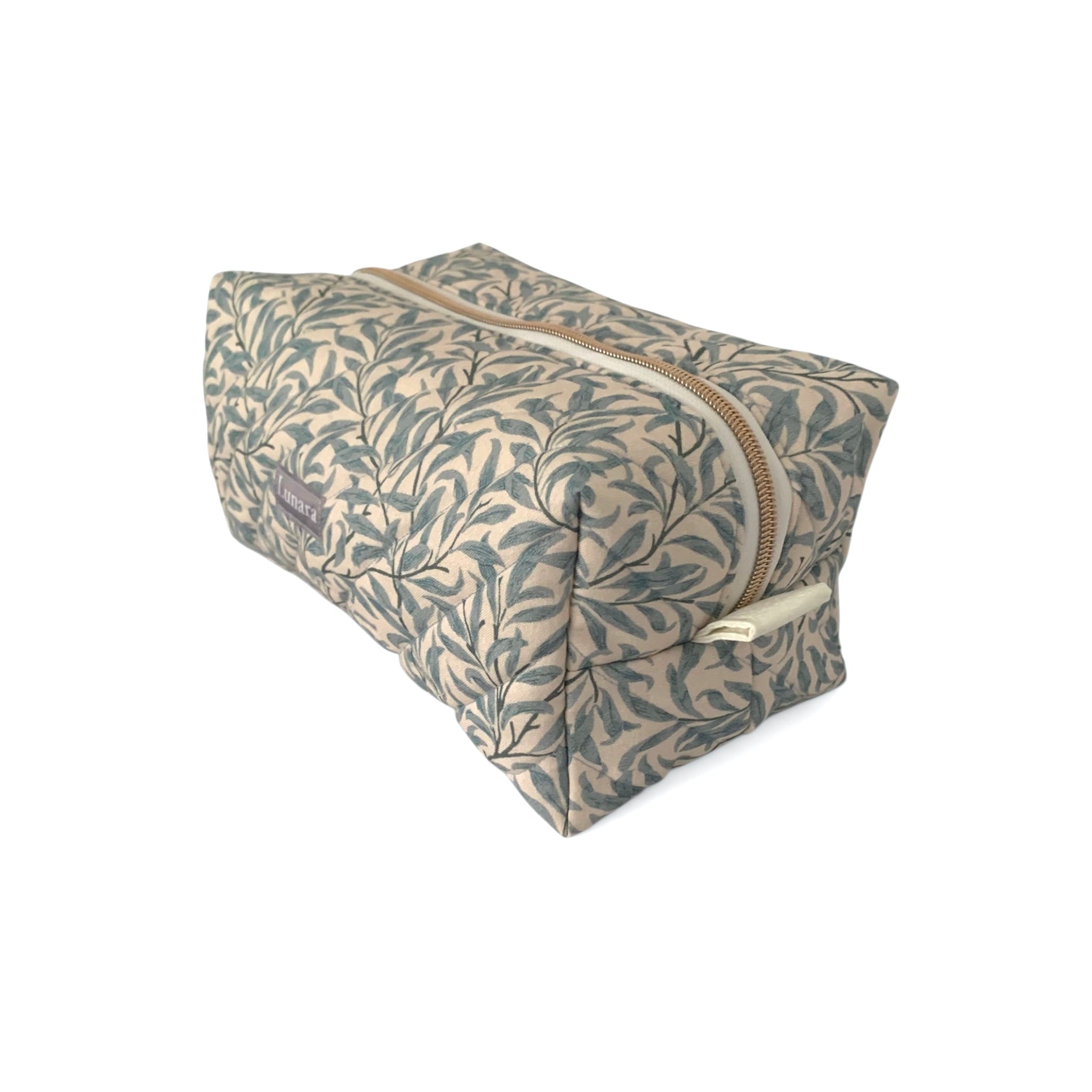 The Everyday Case - Blue Leaf Print Quilted Makeup Bag / Boxy Zip Pouch