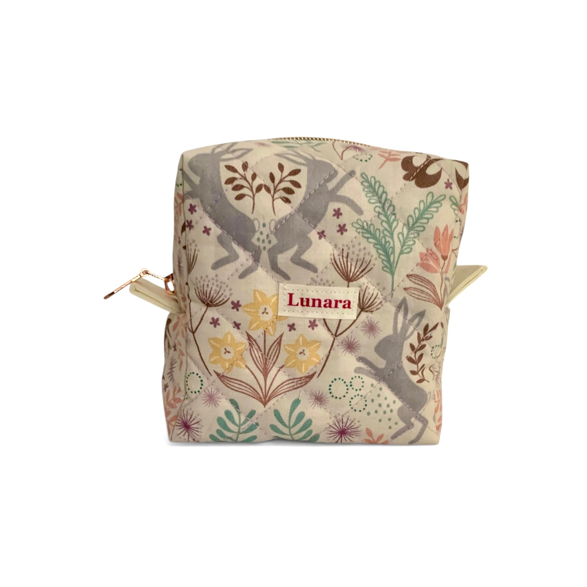 The Everyday Cube - Meadow Hares Quilted Makeup Bag / Boxy Zip Pouch