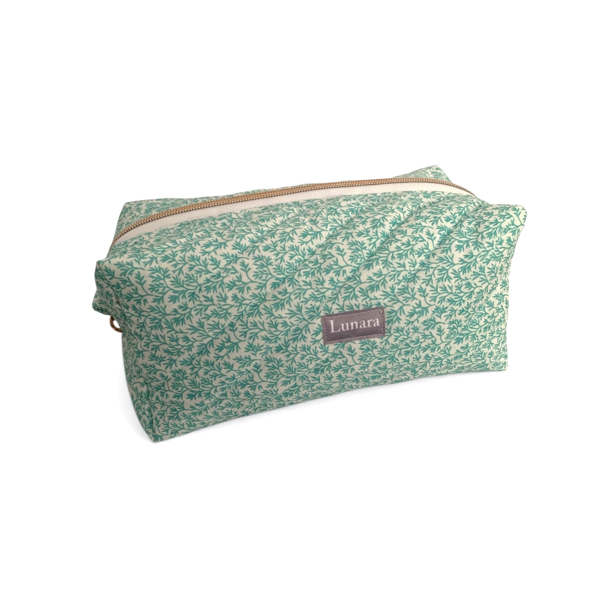 The Everyday Case - Seafoam Green Leaf Print Quilted Makeup Bag / Boxy Zip Pouch