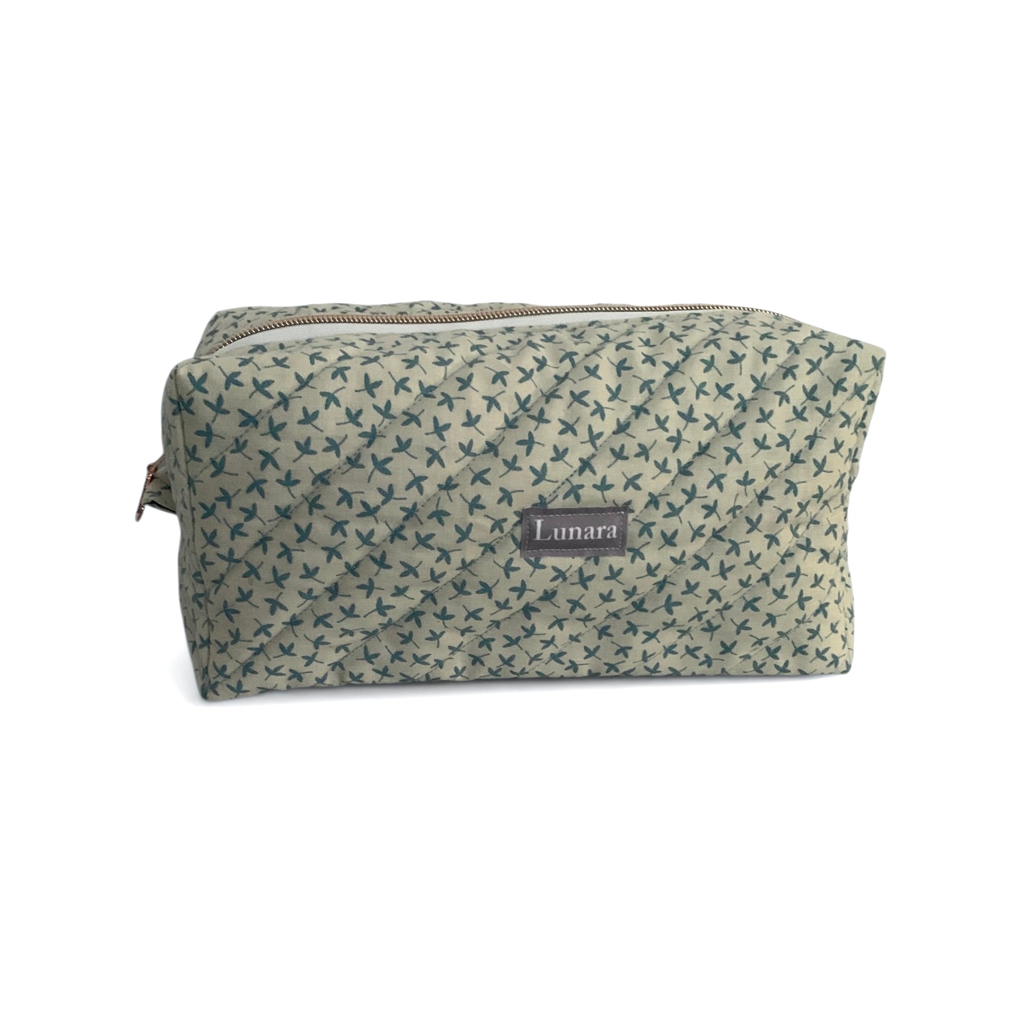 The Everyday Case - Blue Sprig Print Quilted Makeup Bag / Boxy Zip Pouch