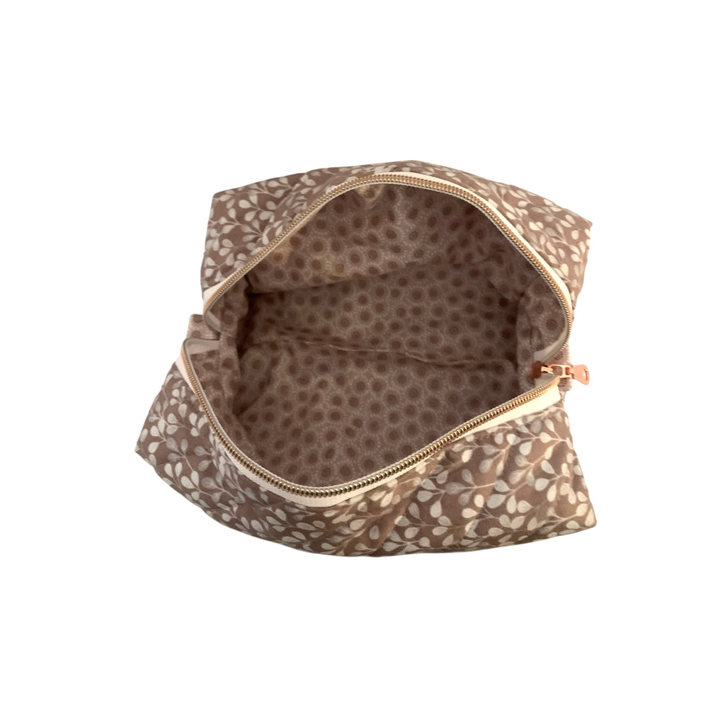 The Everyday Case - Medium - Soft Taupe Floral Quilted Makeup Bag / Boxy Zip Pouch