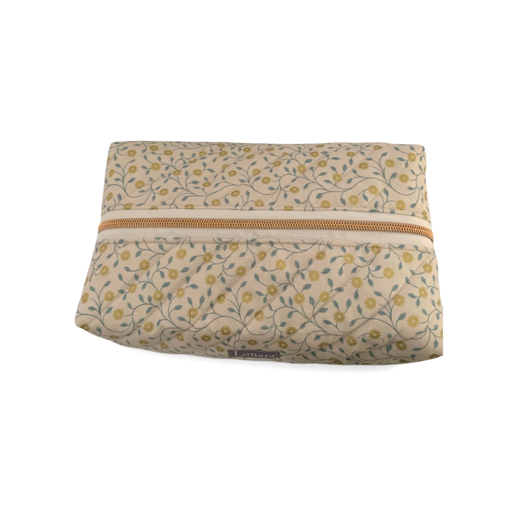 The Everyday Case - Cream & Gold Floral Print Quilted Makeup Bag / Boxy Zip Pouch