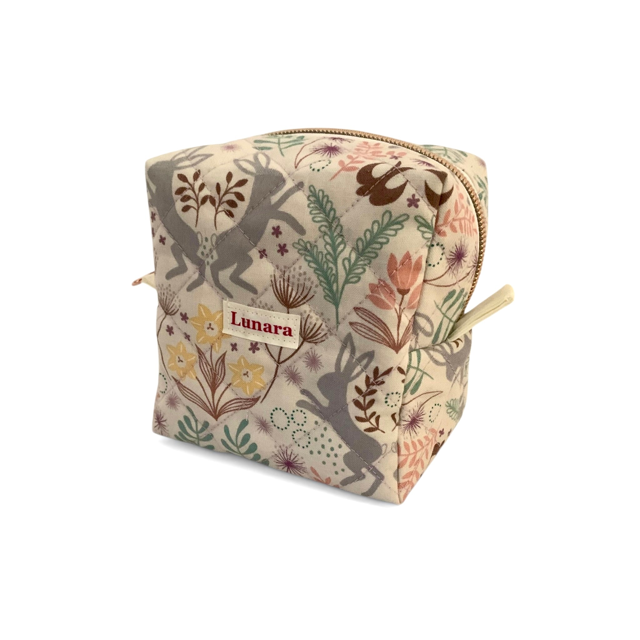 The Everyday Cube - Meadow Hares Quilted Makeup Bag / Boxy Zip Pouch