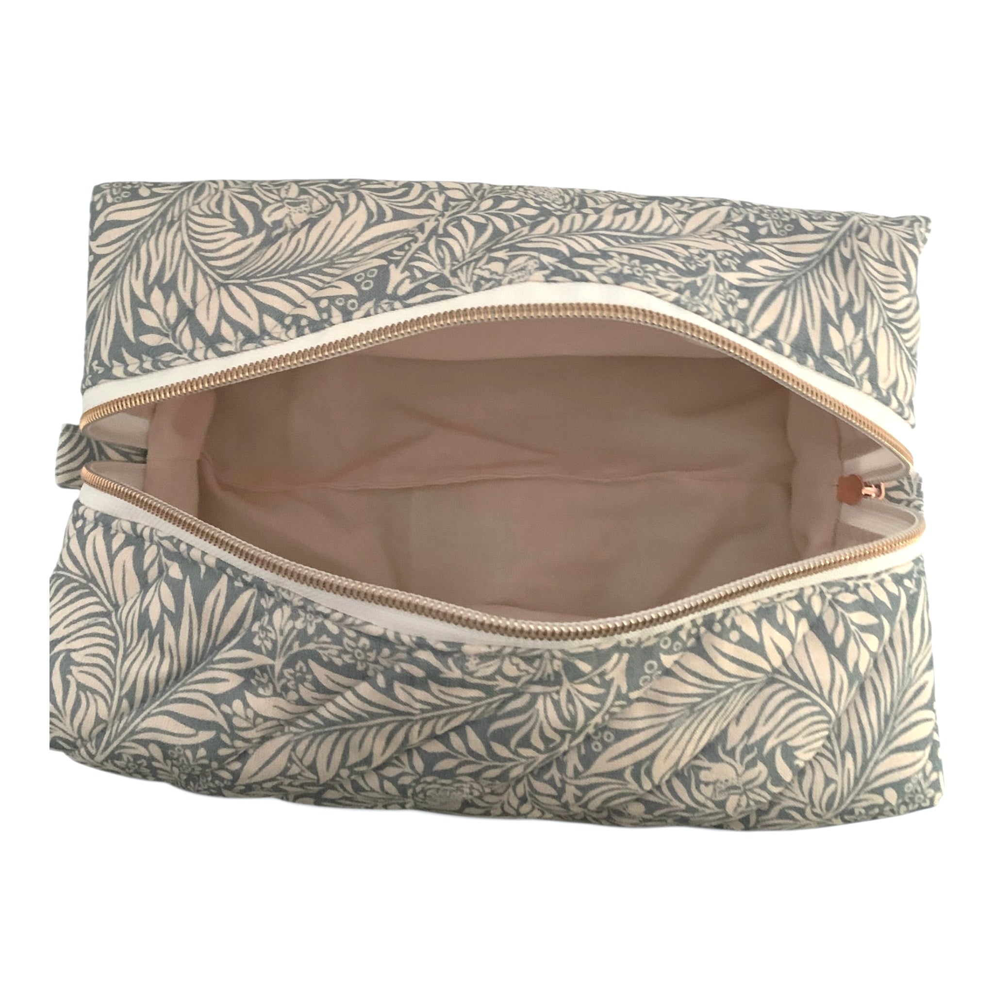 The Everyday Case - Blue Botanical Print Quilted Makeup Bag / Boxy Zip Pouch