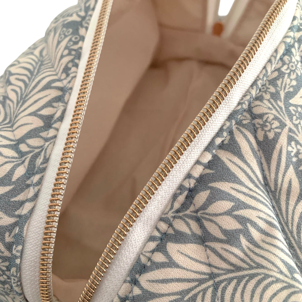 The Everyday Case - Blue Botanical Print Quilted Makeup Bag / Boxy Zip Pouch