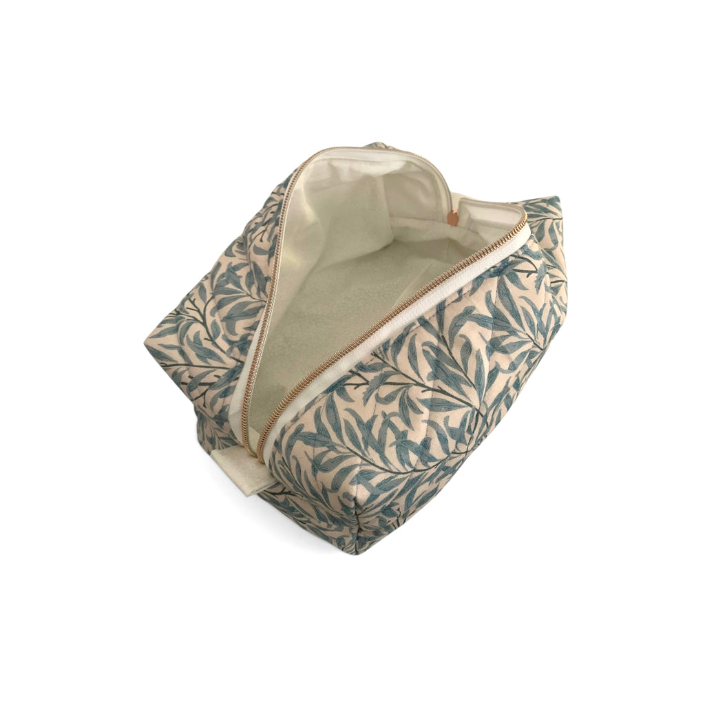 The Everyday Case - Blue Leaf Print Quilted Makeup Bag / Boxy Zip Pouch