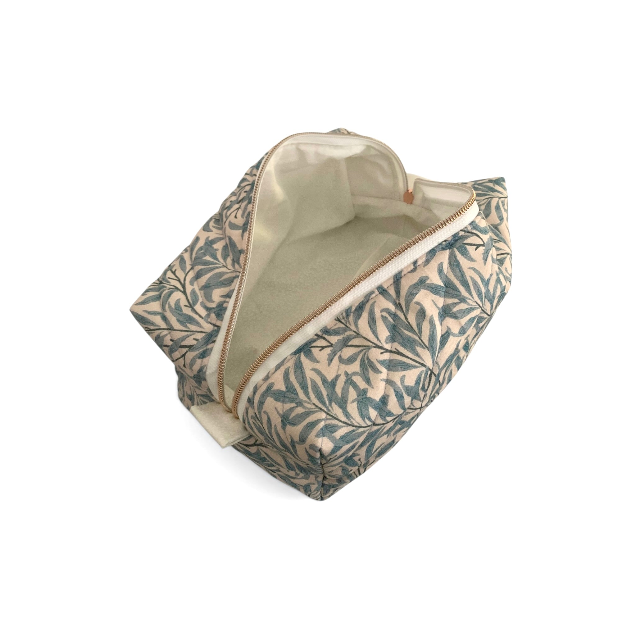 The Everyday Case - Blue Leaf Print Quilted Makeup Bag / Boxy Zip Pouch