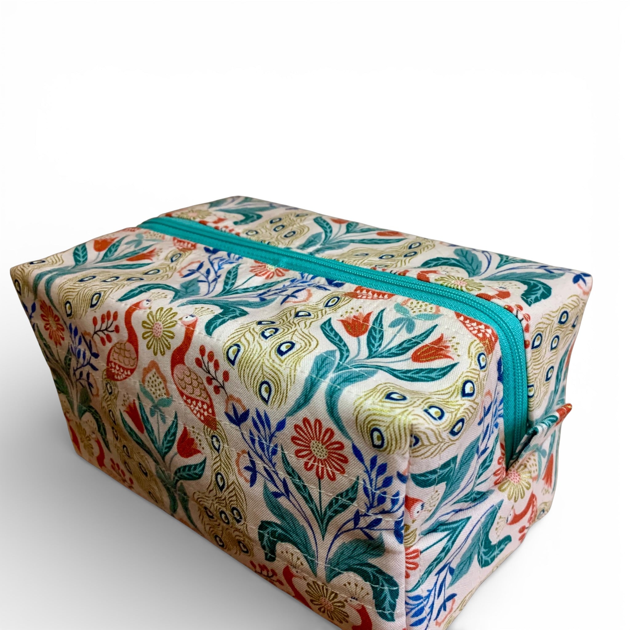 Jade Gold Peacocks Boxy Quilted Makeup Case