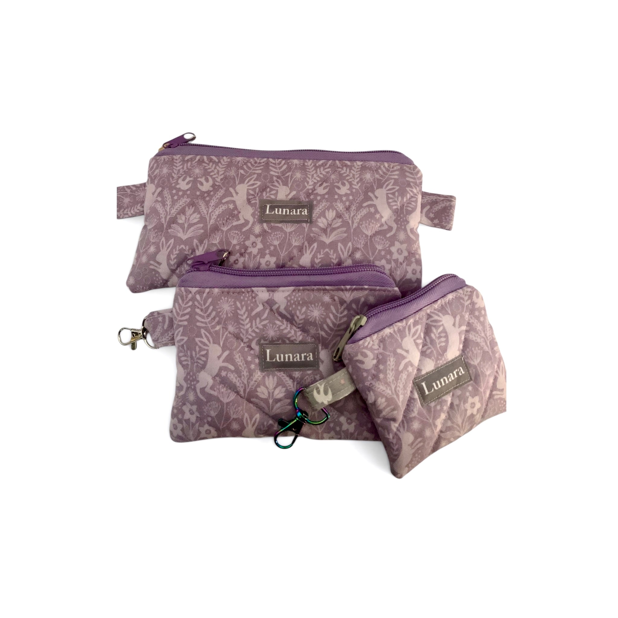 Lilac Hares Keychain Coin Pouch - Quilted Zip Pouch