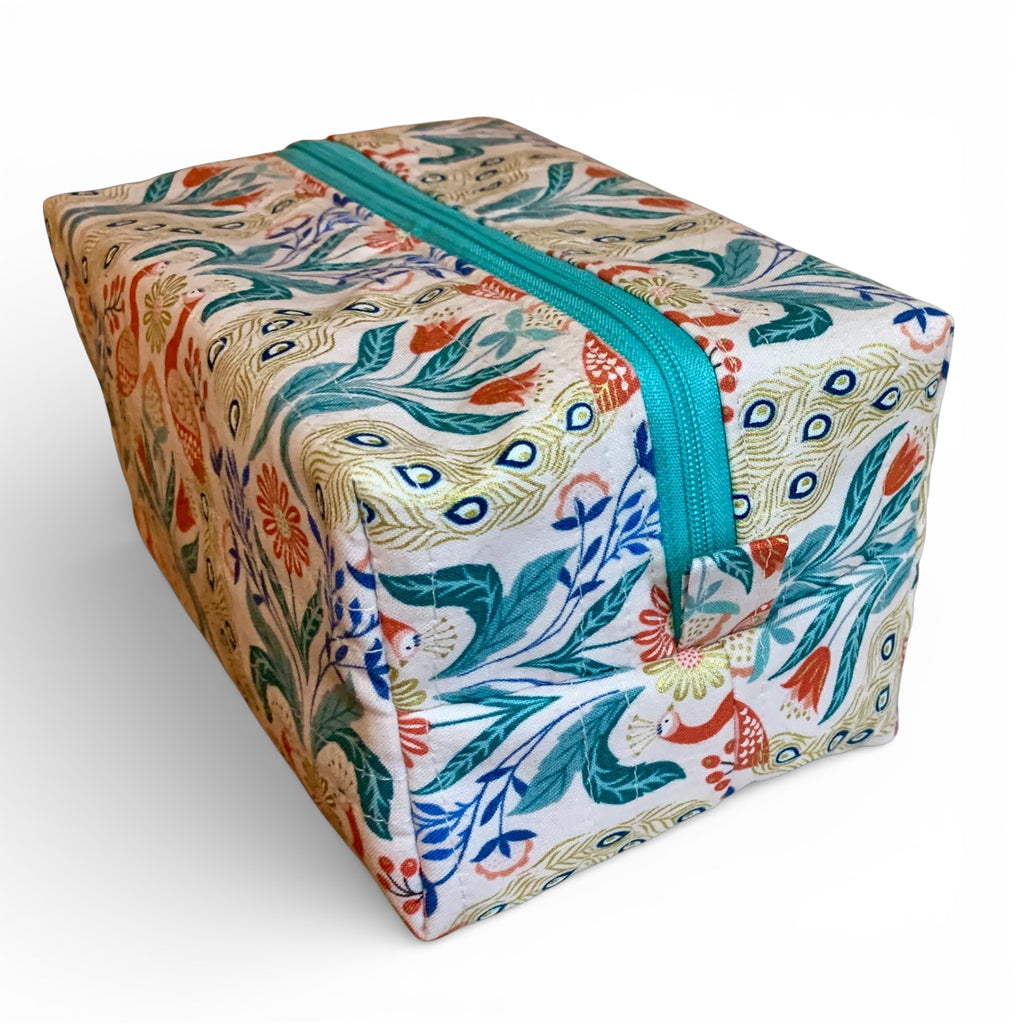 Jade Gold Peacocks Boxy Quilted Makeup Case