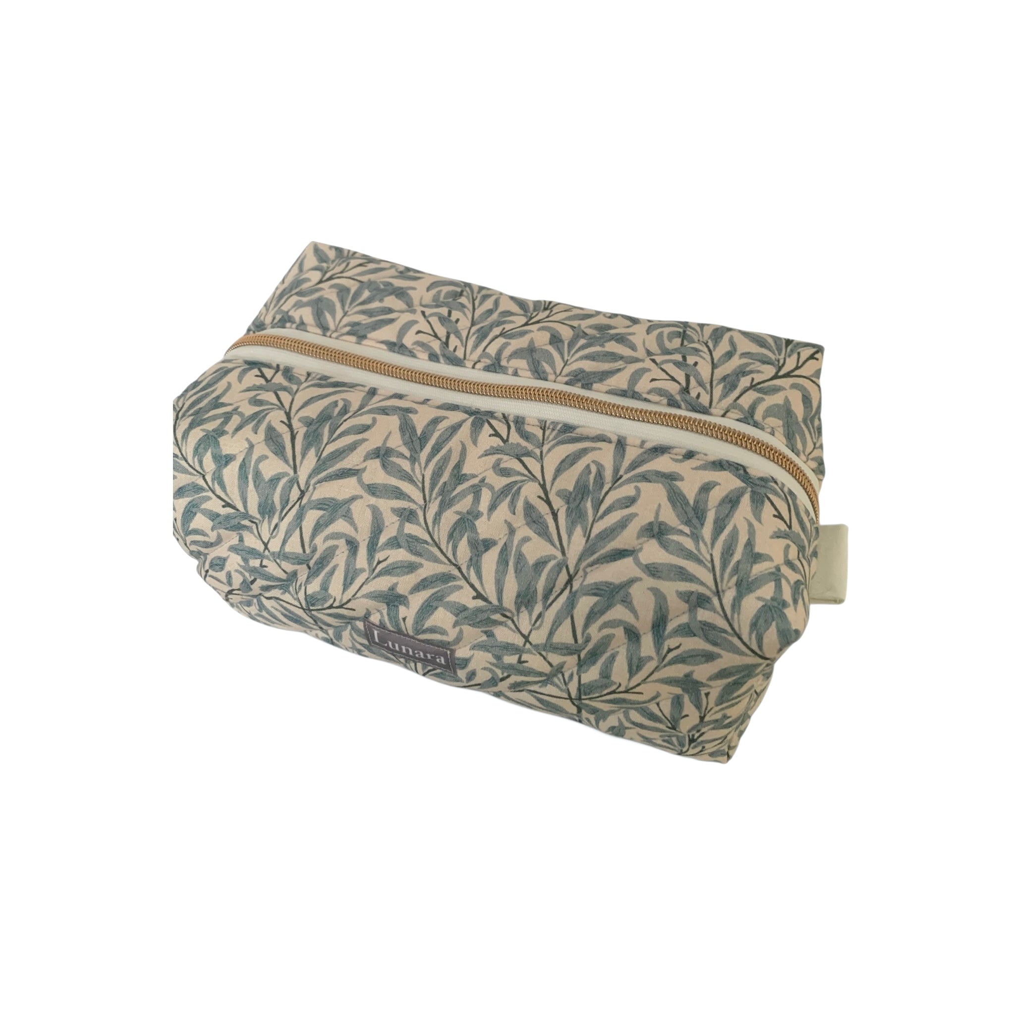 The Everyday Case - Blue Leaf Print Quilted Makeup Bag / Boxy Zip Pouch