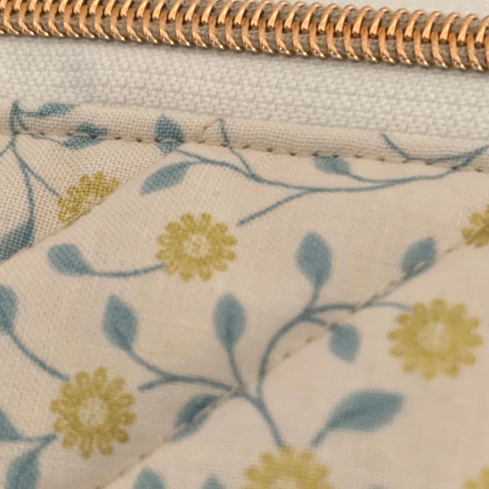 The Everyday Case - Cream & Gold Floral Print Quilted Makeup Bag / Boxy Zip Pouch