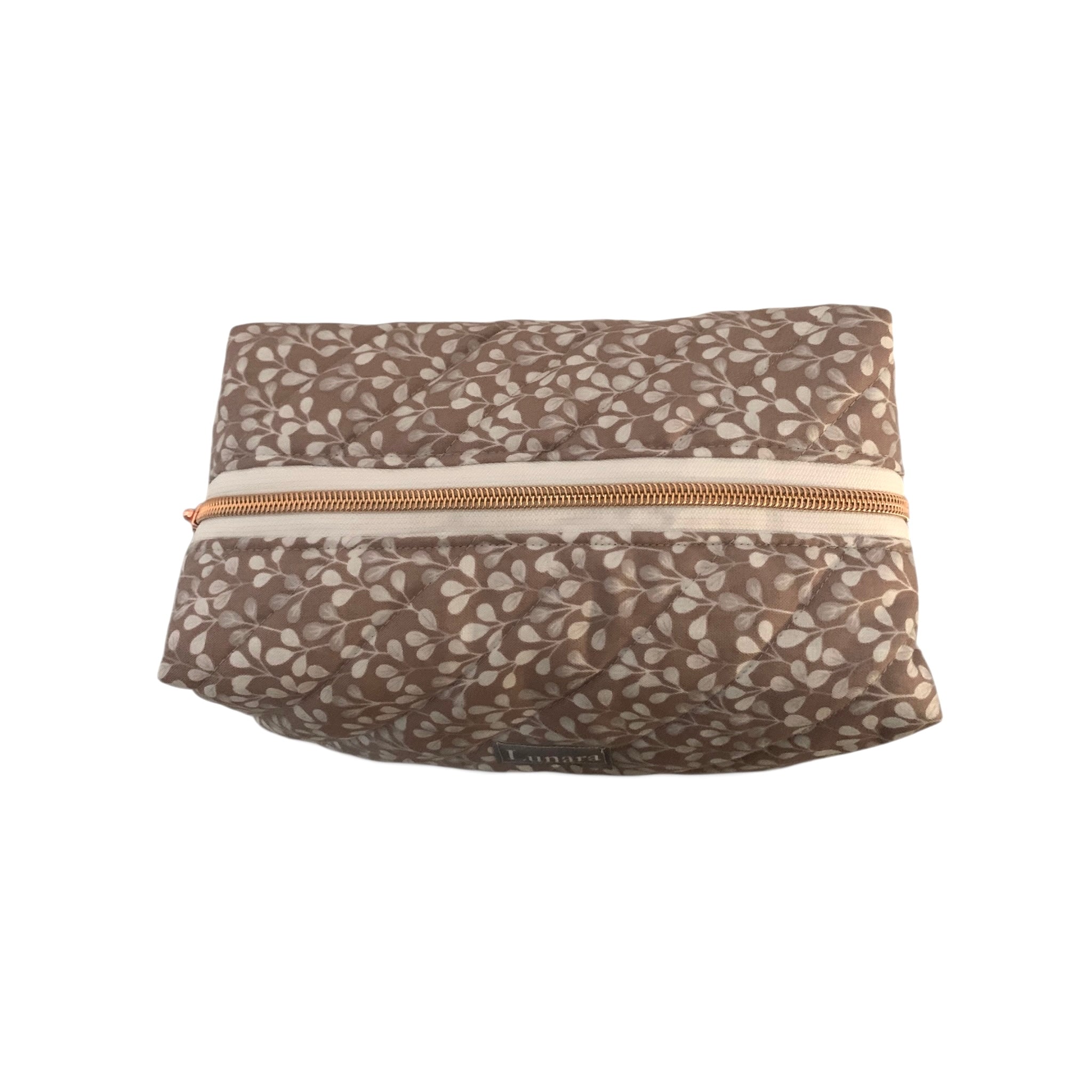 The Everyday Case - Medium - Soft Taupe Floral Quilted Makeup Bag / Boxy Zip Pouch