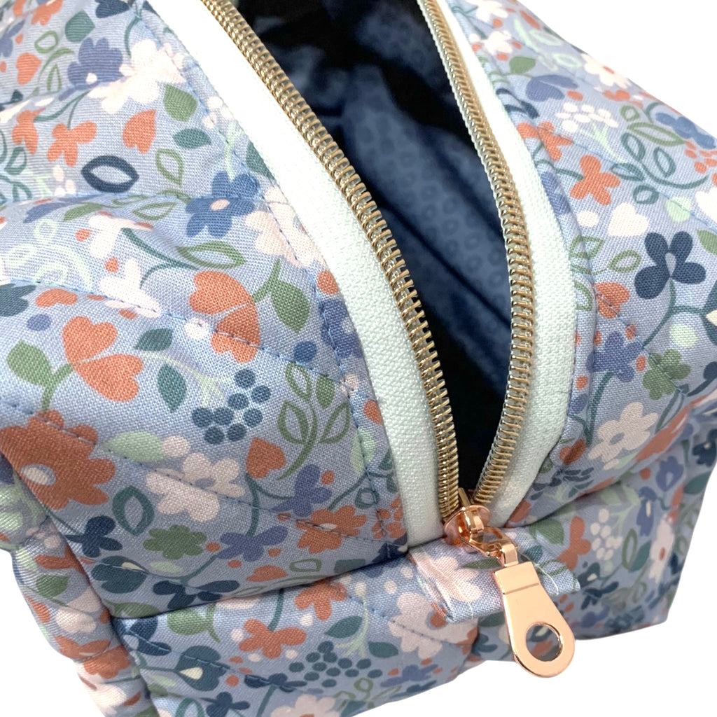 The Everyday Case - Blue Flower Print Quilted Makeup Bag / Boxy Zip Pouch