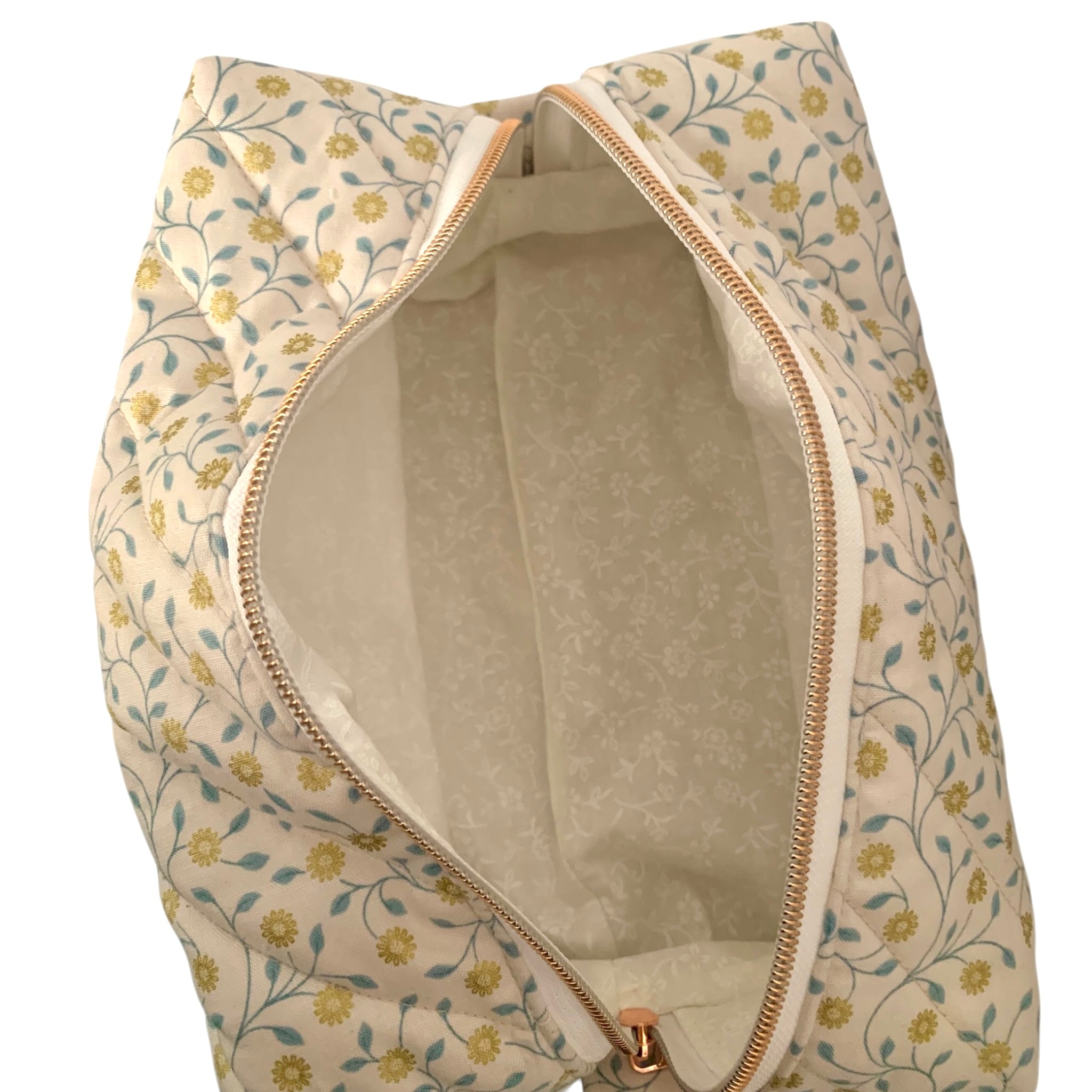 The Everyday Case - Cream & Gold Floral Print Quilted Makeup Bag / Boxy Zip Pouch