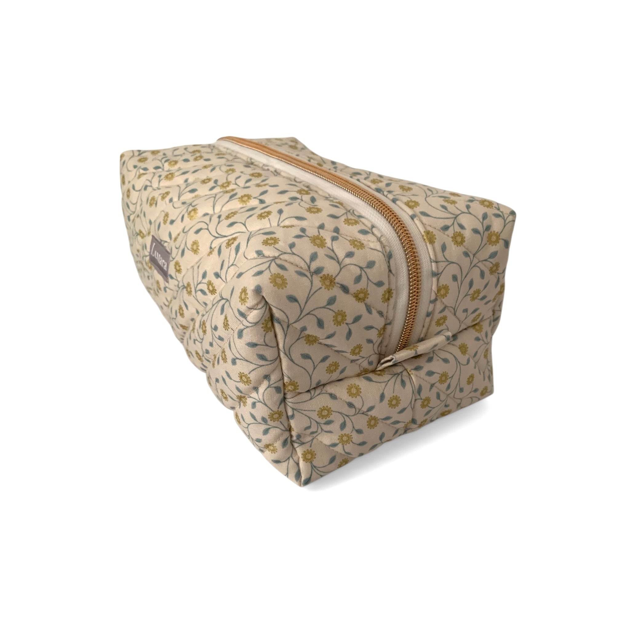 The Everyday Case - Cream & Gold Floral Print Quilted Makeup Bag / Boxy Zip Pouch