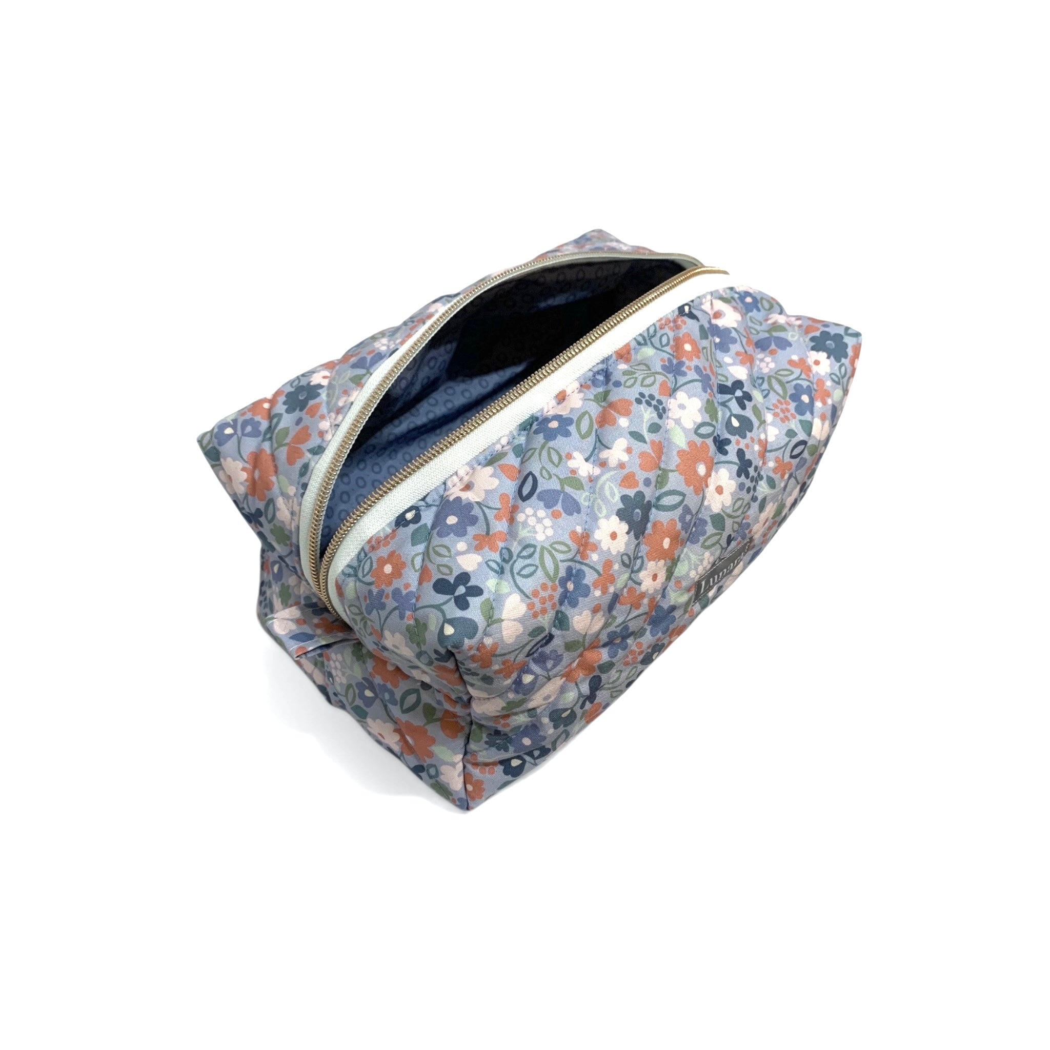 The Everyday Case - Blue Flower Print Quilted Makeup Bag / Boxy Zip Pouch