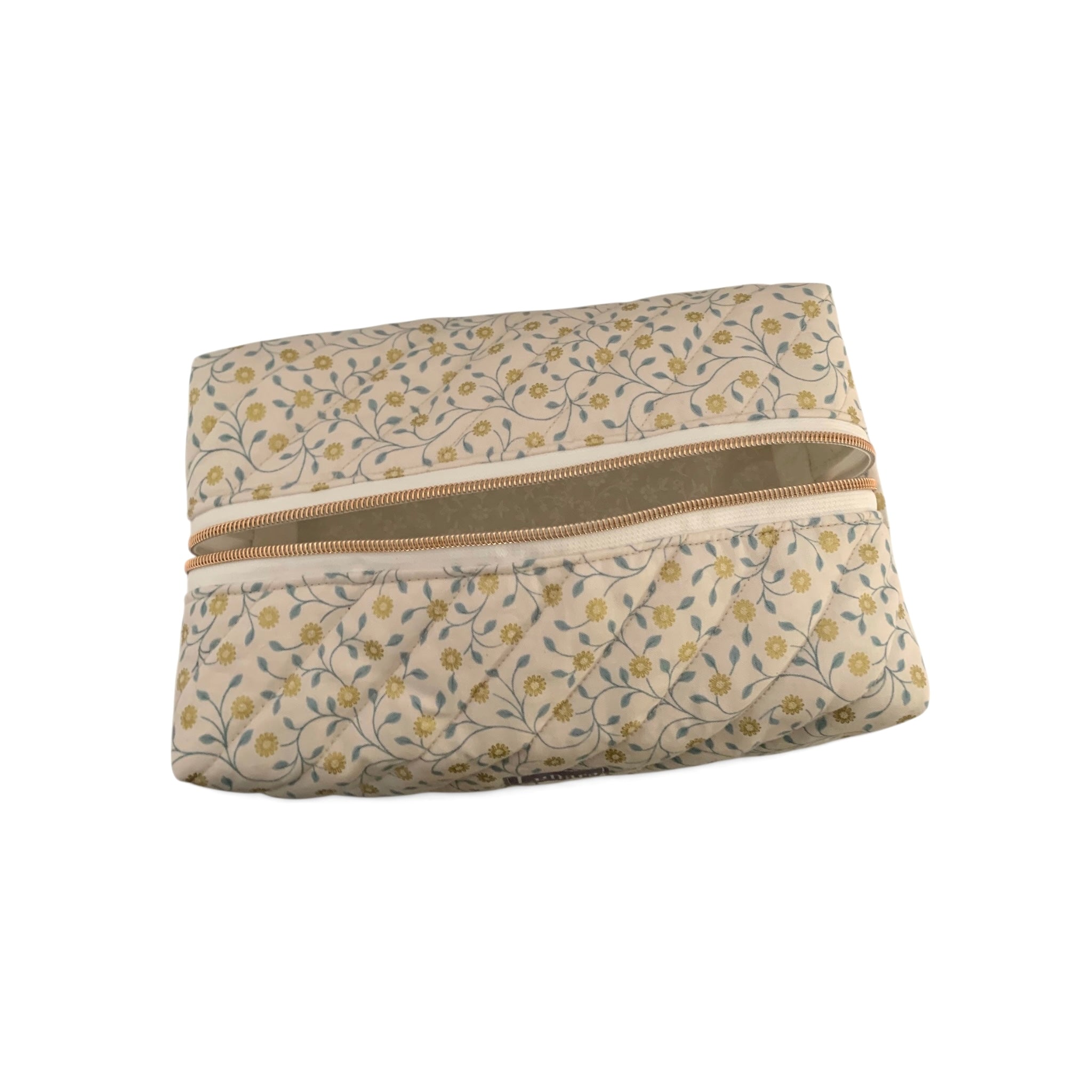 The Everyday Case - Cream & Gold Floral Print Quilted Makeup Bag / Boxy Zip Pouch