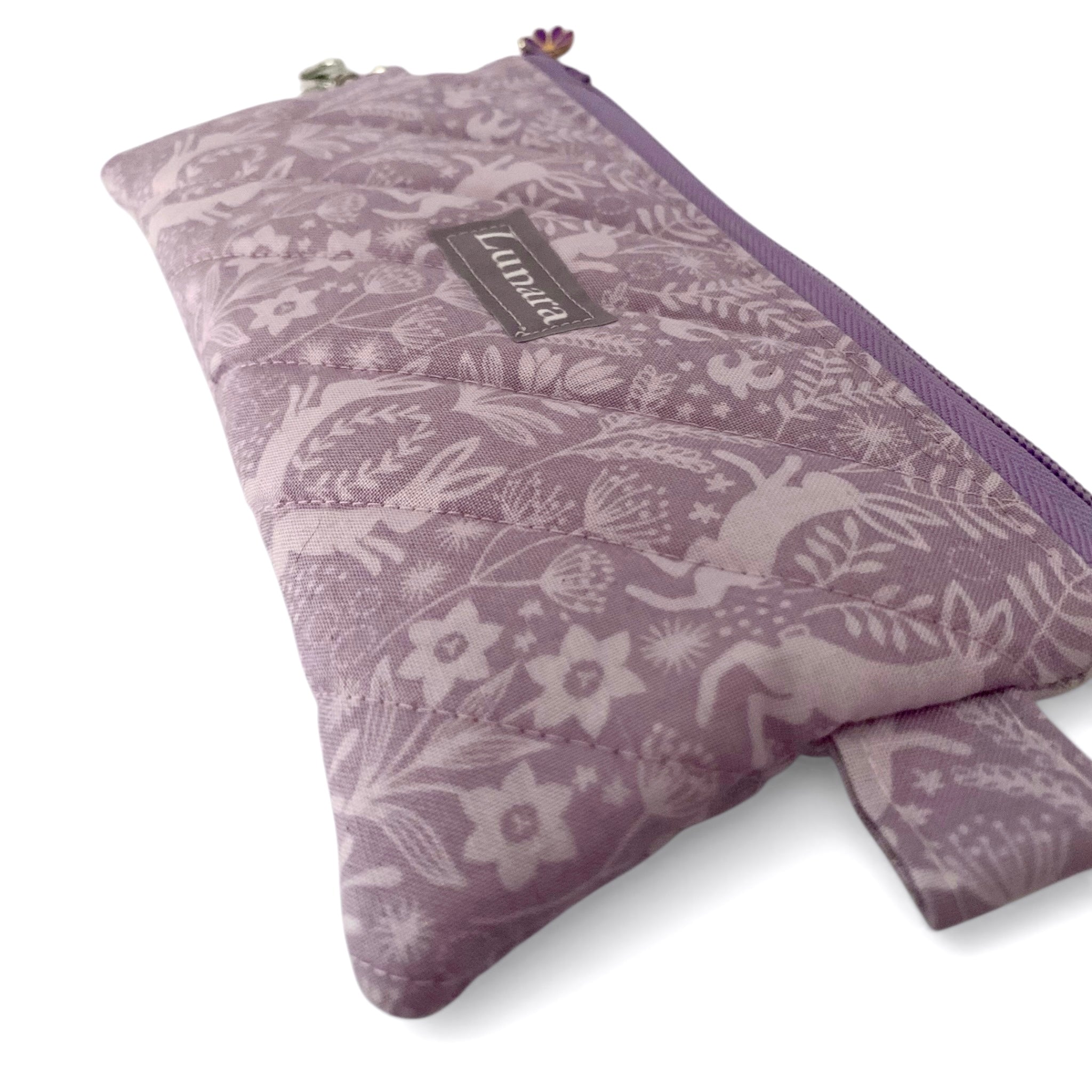 Lilac Hares Pencil & Glasses Case - Quilted Zip Pouch