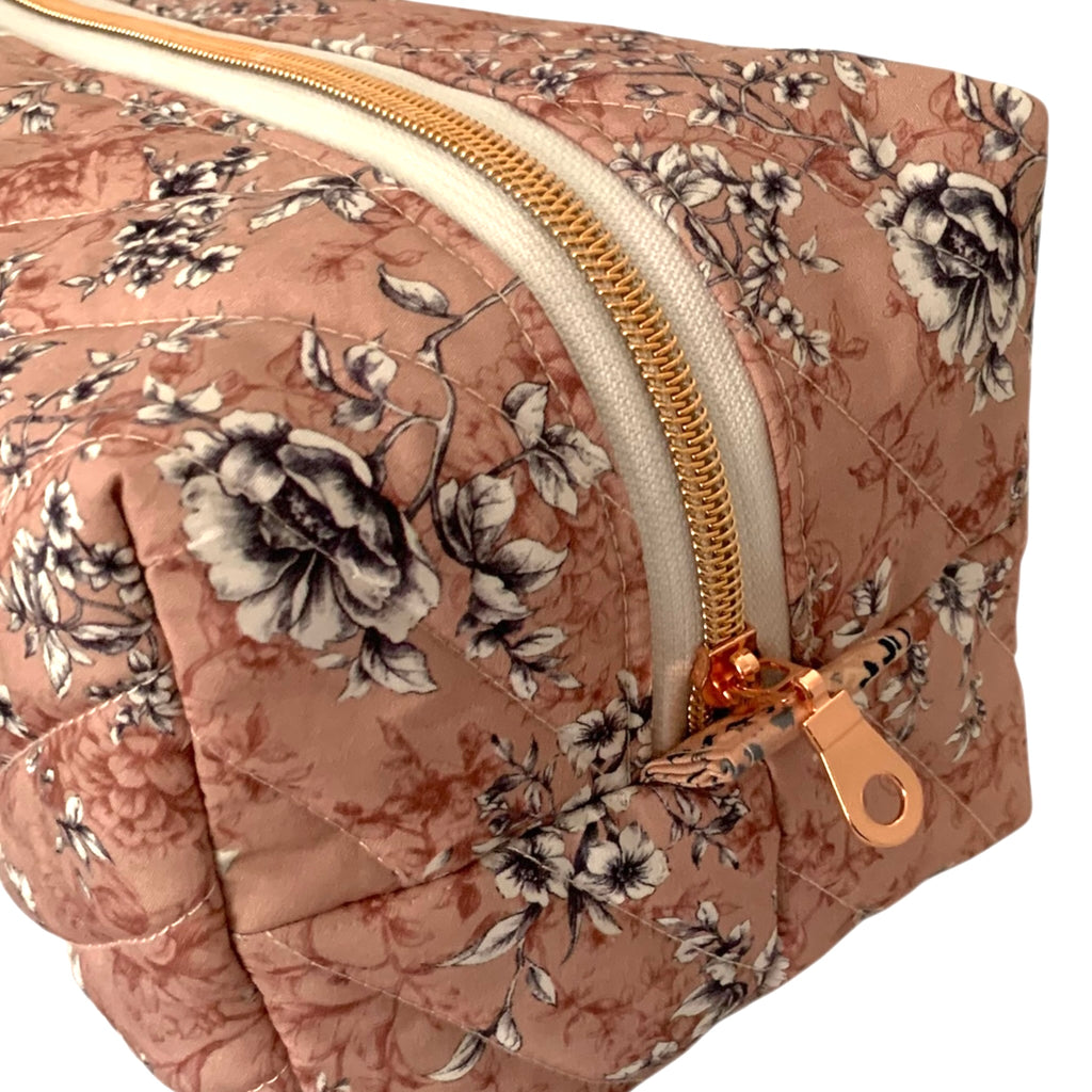 The Everyday Case - Dusty Pink Print Quilted Makeup Bag / Boxy Zip Pouch