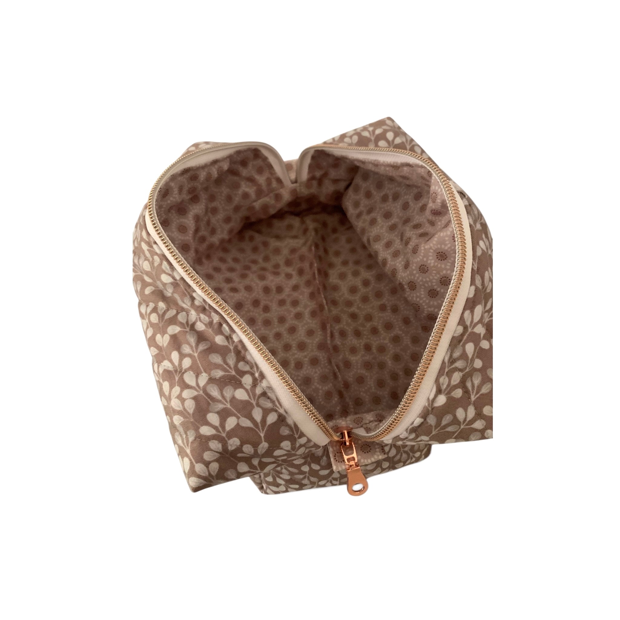 The Everyday Case - Medium - Soft Taupe Floral Quilted Makeup Bag / Boxy Zip Pouch