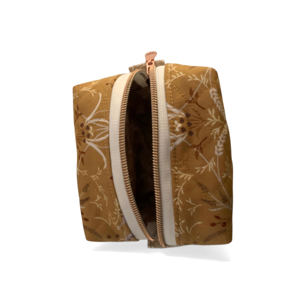 The Everyday Cube - Golden Meadow Quilted Makeup Bag / Boxy Zip Pouch