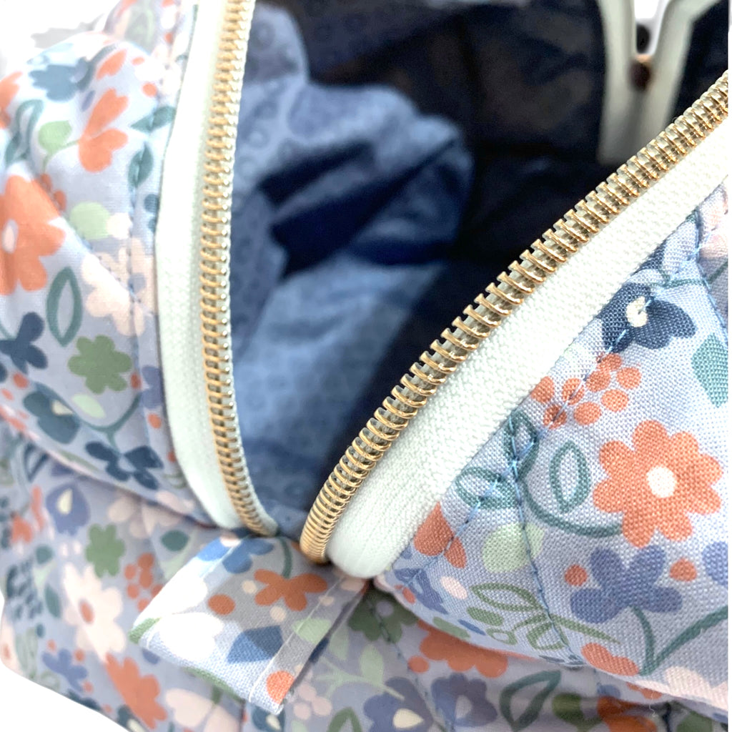 The Everyday Case - Blue Flower Print Quilted Makeup Bag / Boxy Zip Pouch