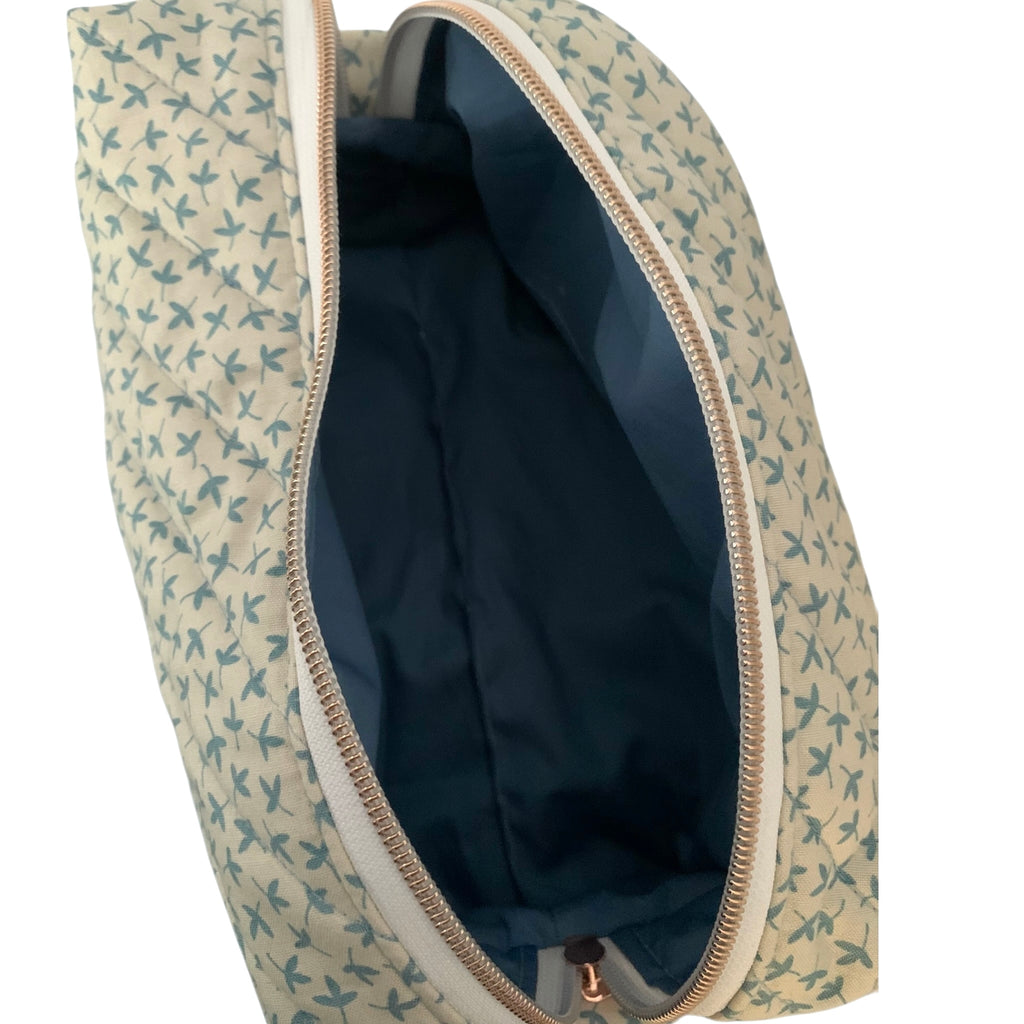 The Everyday Case - Blue Sprig Print Quilted Makeup Bag / Boxy Zip Pouch