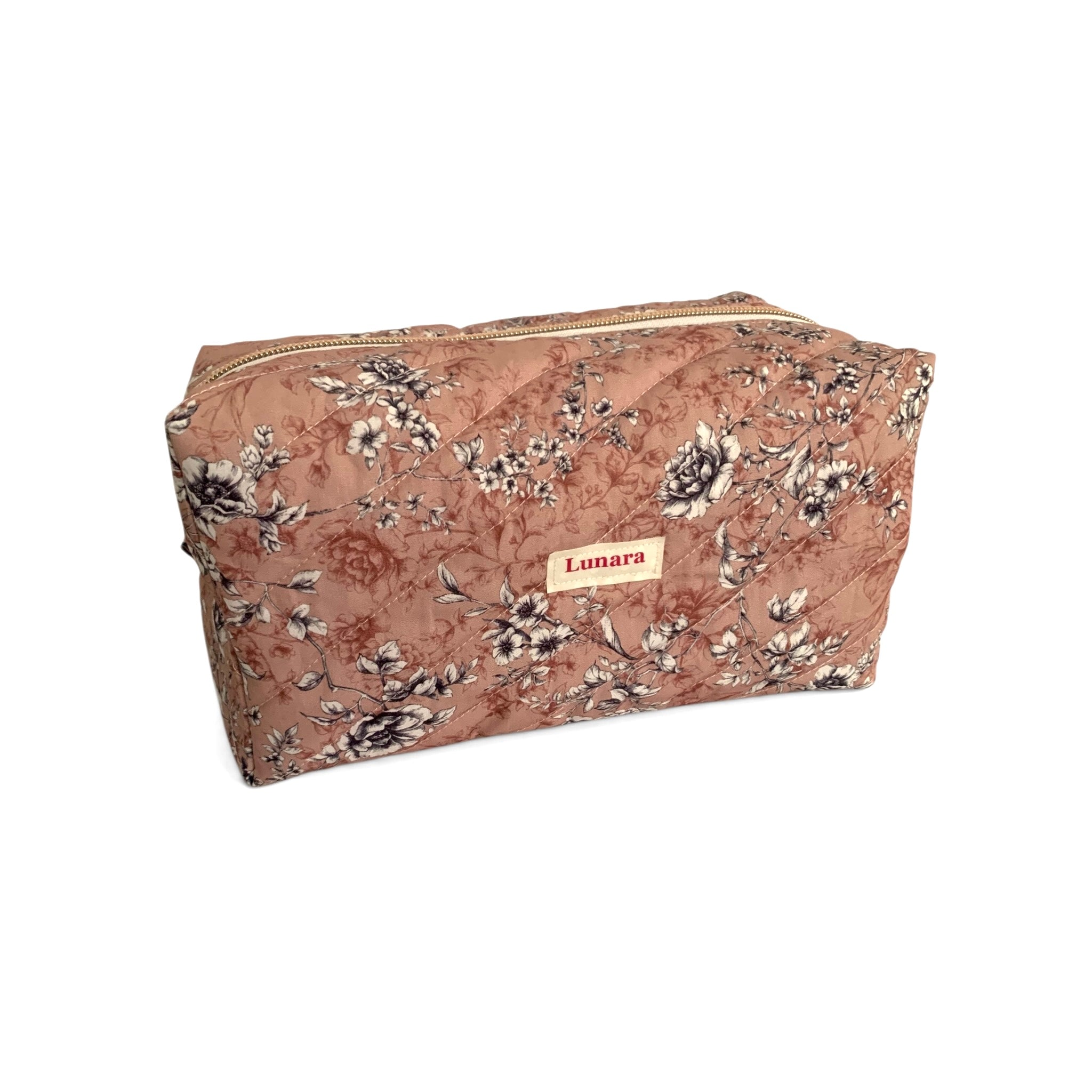 The Everyday Case - Dusty Pink Print Quilted Makeup Bag / Boxy Zip Pouch