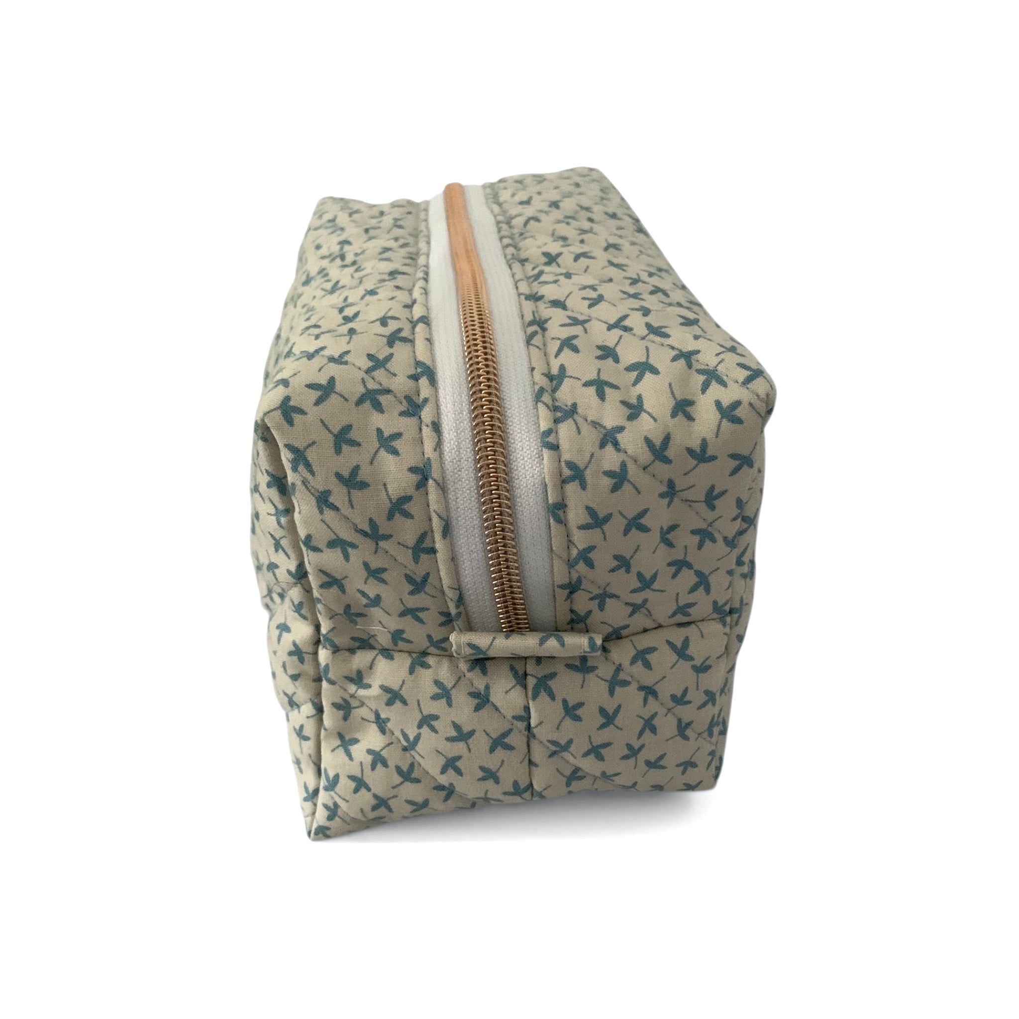 The Everyday Case - Blue Sprig Print Quilted Makeup Bag / Boxy Zip Pouch