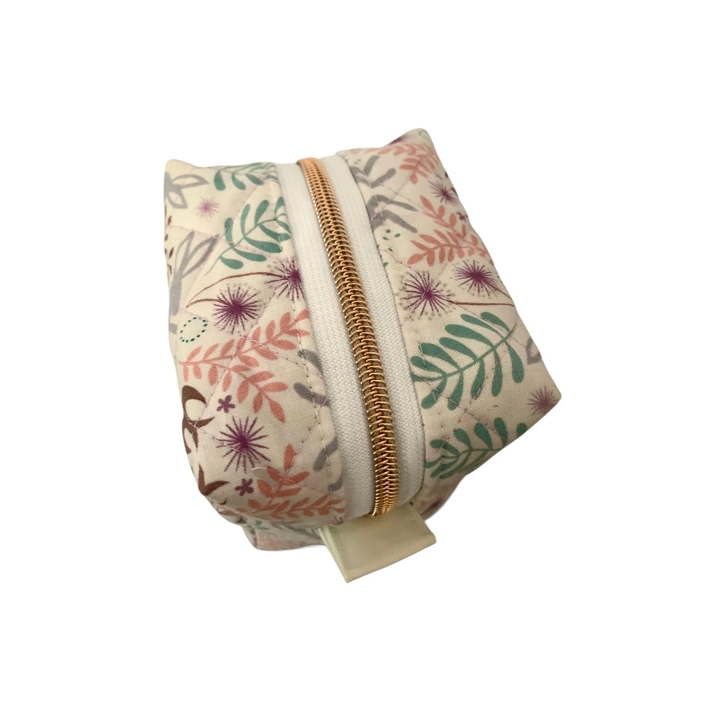 The Everyday Cube - Meadow Hares Quilted Makeup Bag / Boxy Zip Pouch