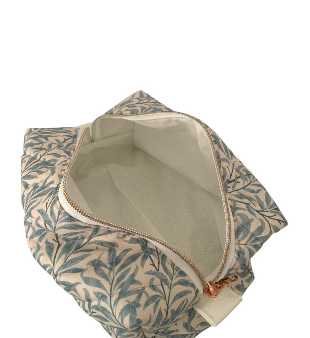 The Everyday Case - Blue Leaf Print Quilted Makeup Bag / Boxy Zip Pouch