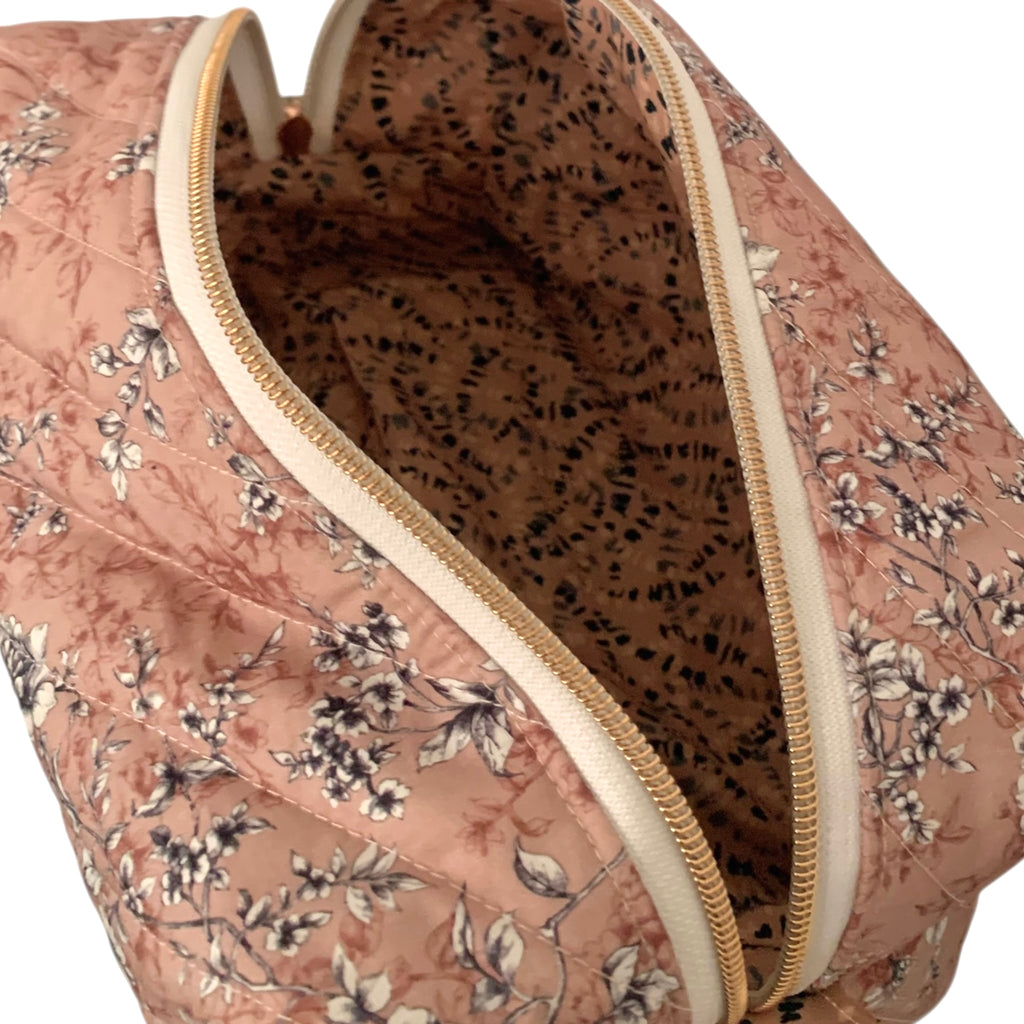 The Everyday Case - Dusty Pink Print Quilted Makeup Bag / Boxy Zip Pouch