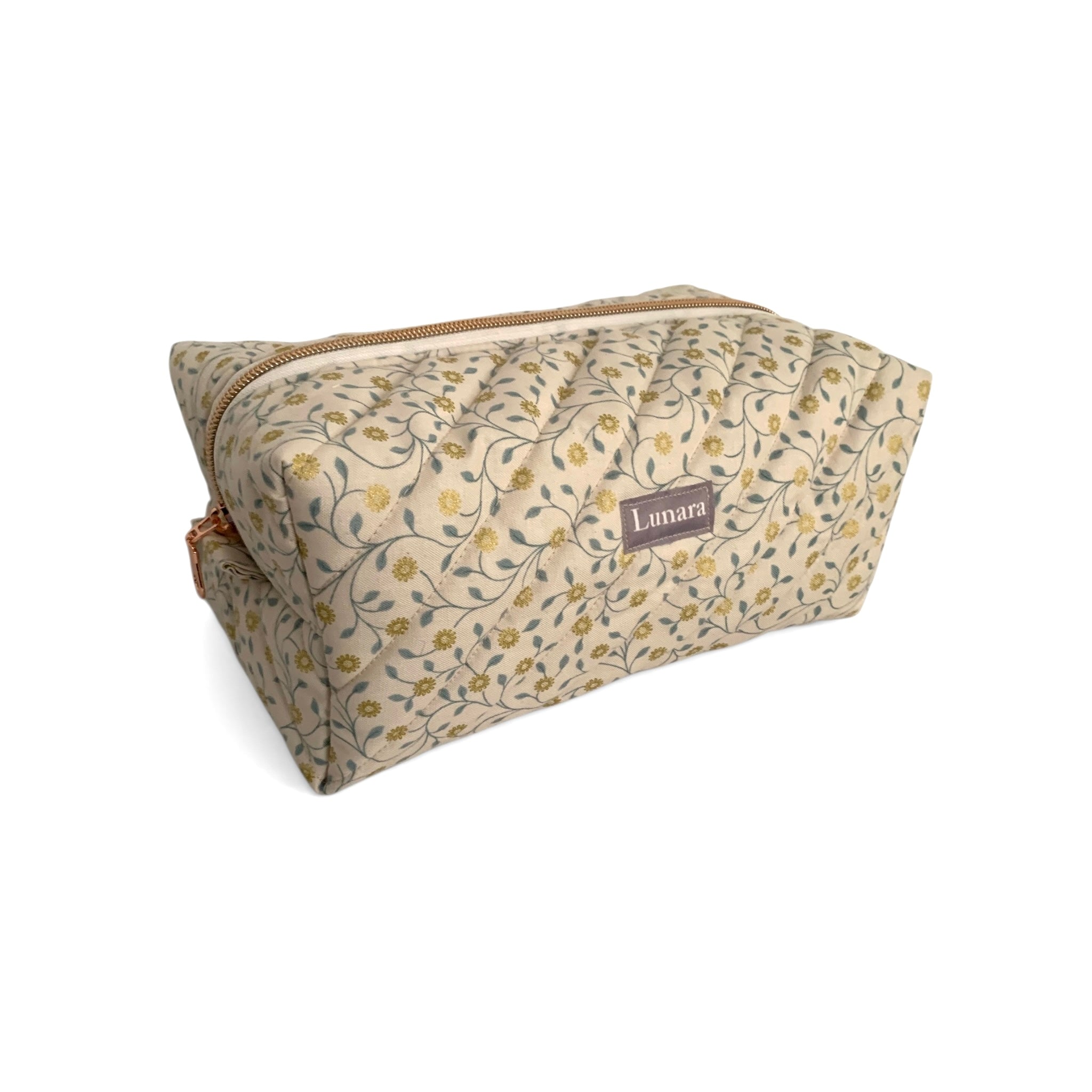 The Everyday Case - Cream & Gold Floral Print Quilted Makeup Bag / Boxy Zip Pouch