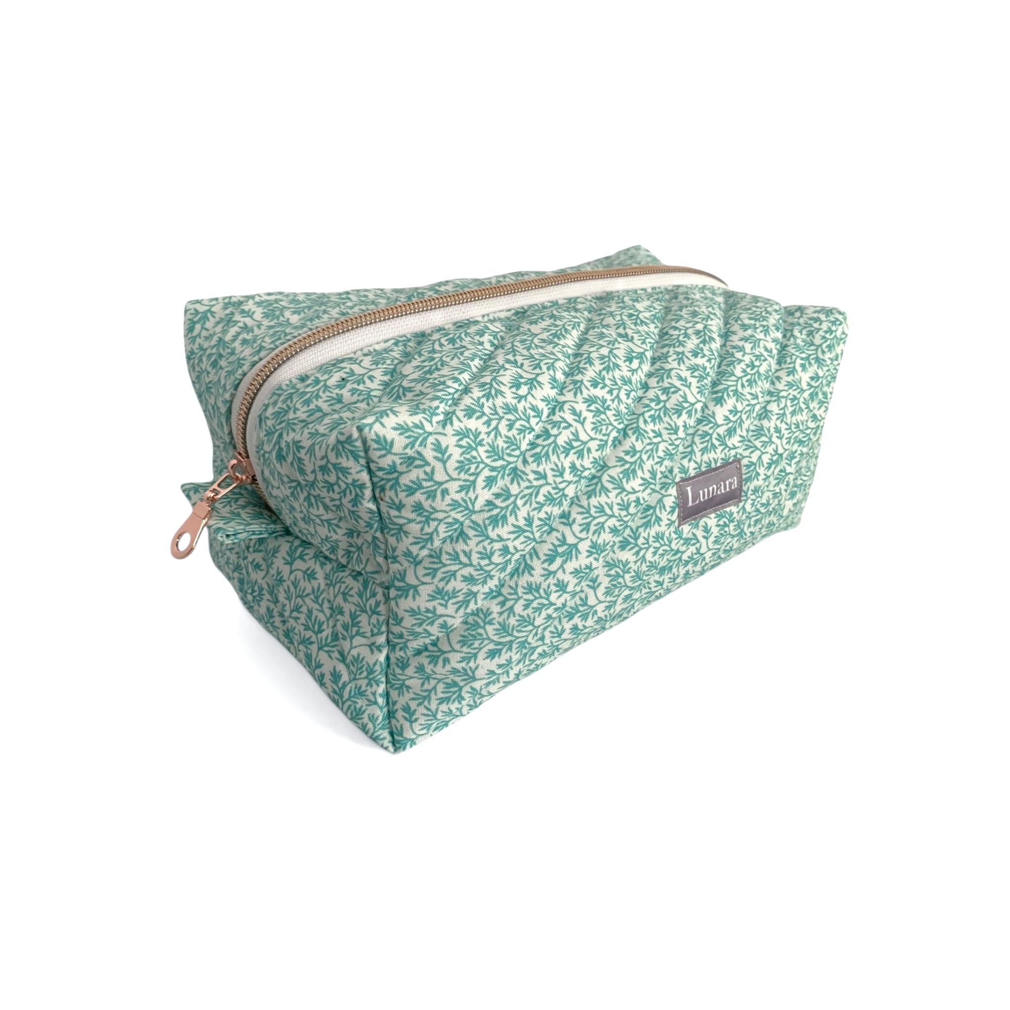 The Everyday Case - Seafoam Green Leaf Print Quilted Makeup Bag / Boxy Zip Pouch