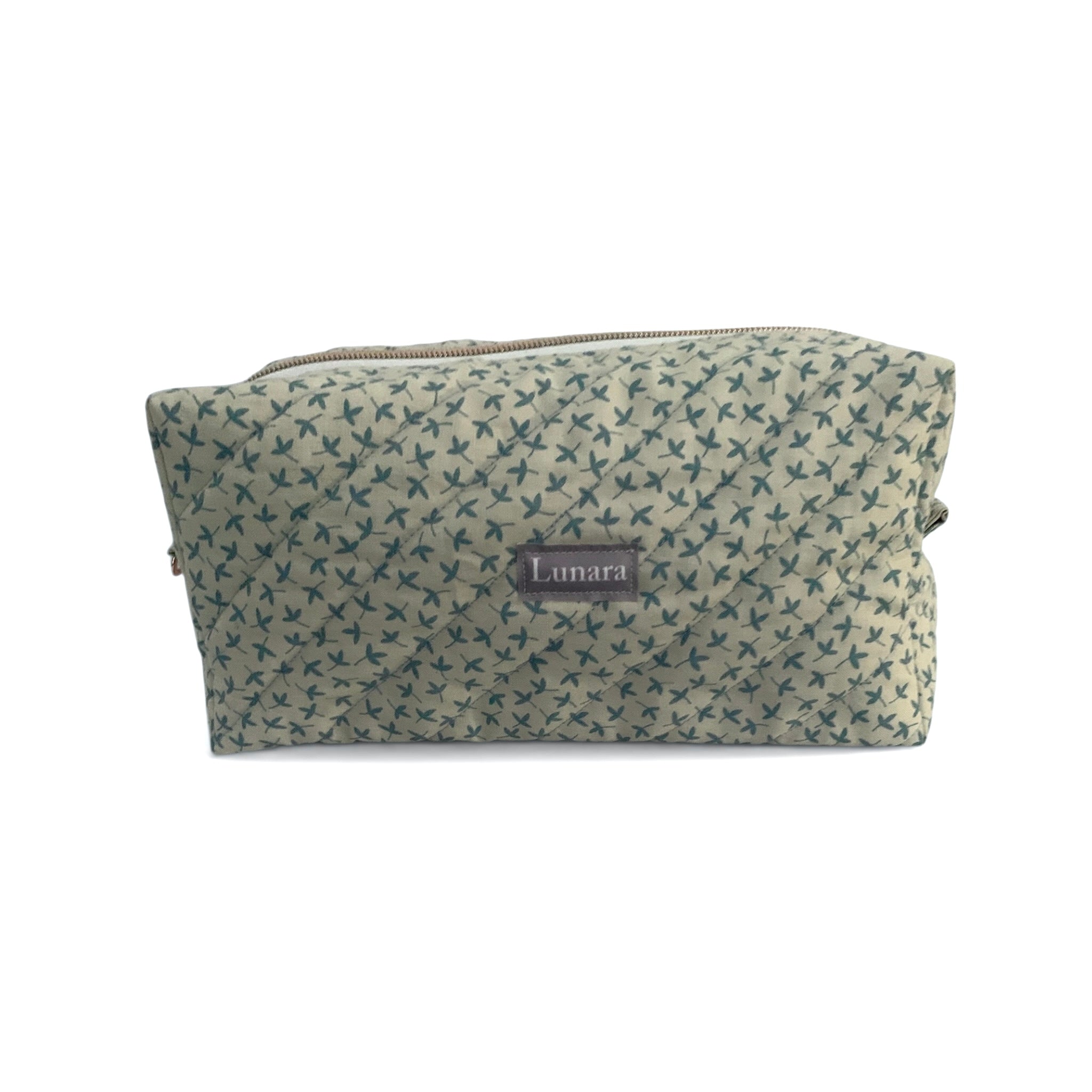The Everyday Case - Blue Sprig Print Quilted Makeup Bag / Boxy Zip Pouch