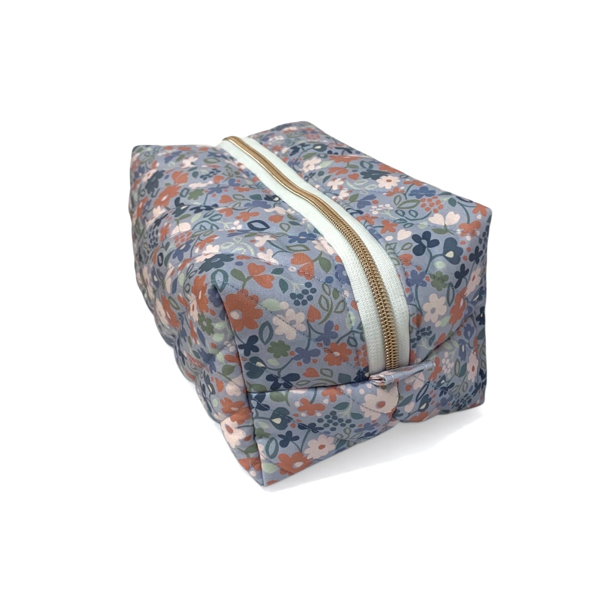 The Everyday Case - Blue Flower Print Quilted Makeup Bag / Boxy Zip Pouch