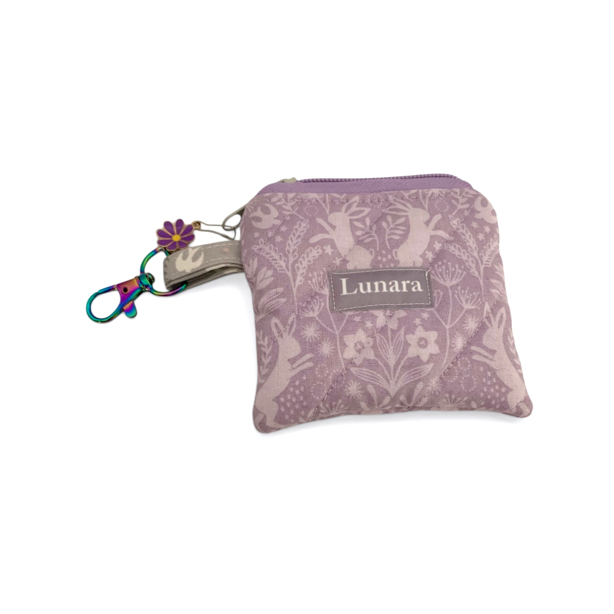 Lilac Hares Keychain Coin Pouch - Quilted Zip Pouch