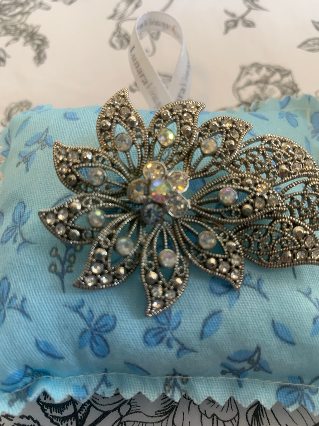 Vintage Signed Liz Claiborne Flower Brooch with Fabric Gift Cushion